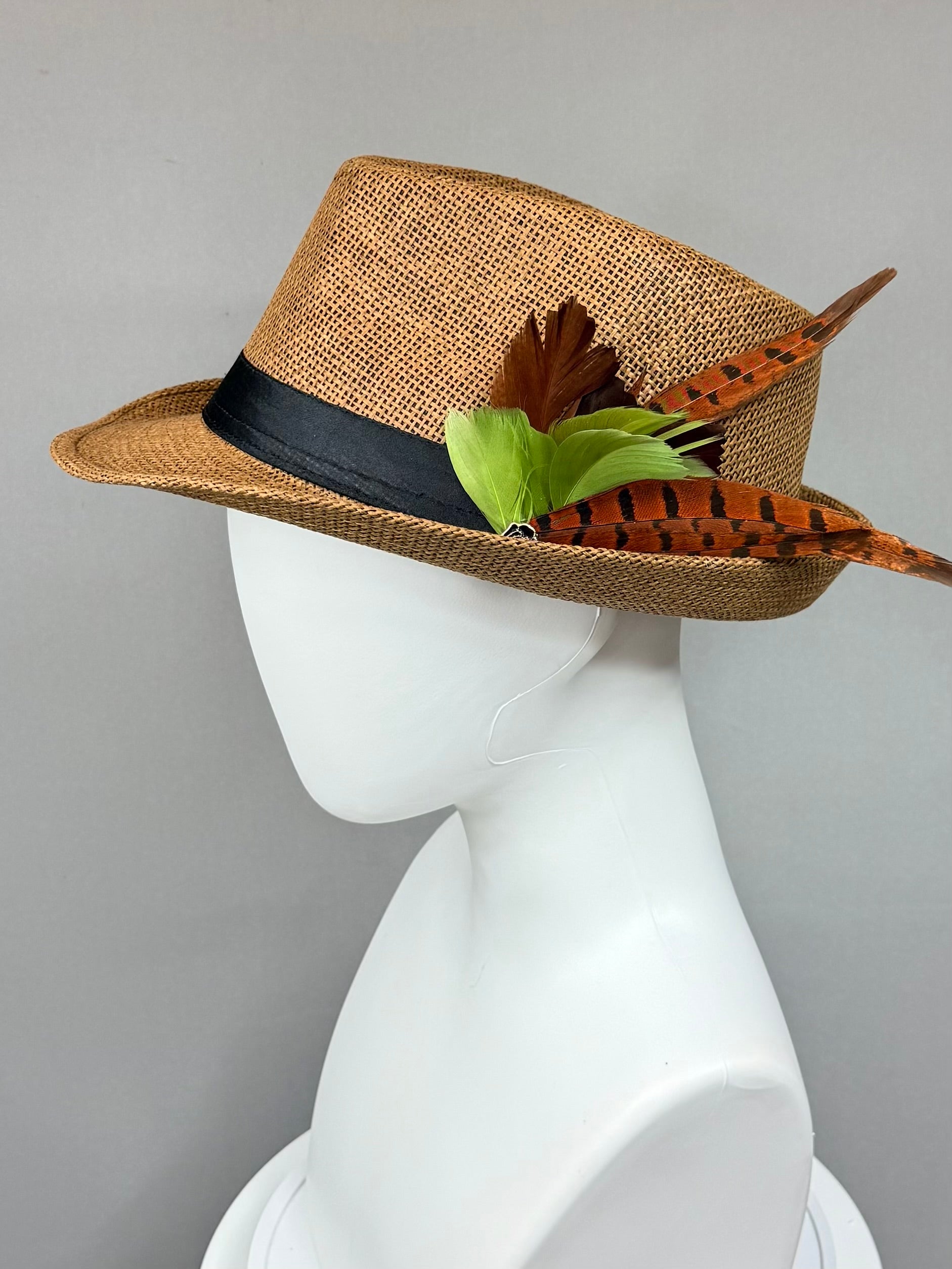 Kentucky Derby Men’s Hat | Brown Straw Fedora, Green Feather Hat| Derbyologie