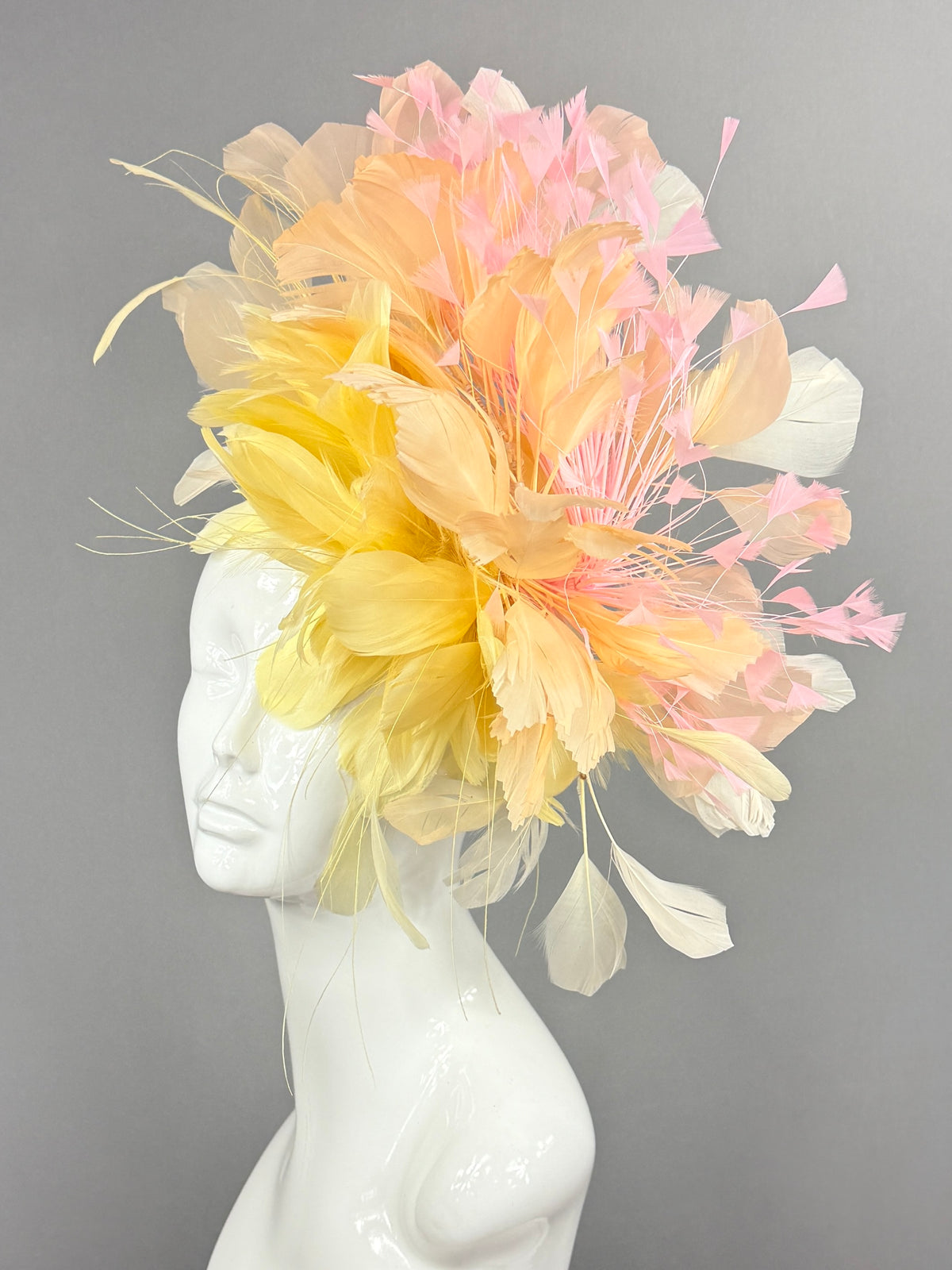 Kentucky Derby Fascinator Hat | Yellow, pink, and beige feathered Headpiece | Derbyologie