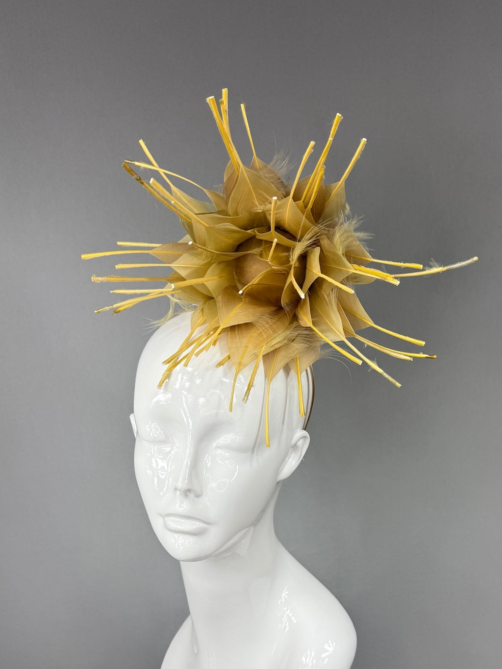 Kentucky Derby Fascinator Hat | Gold feathered dahlia Headpiece | Derbyologie