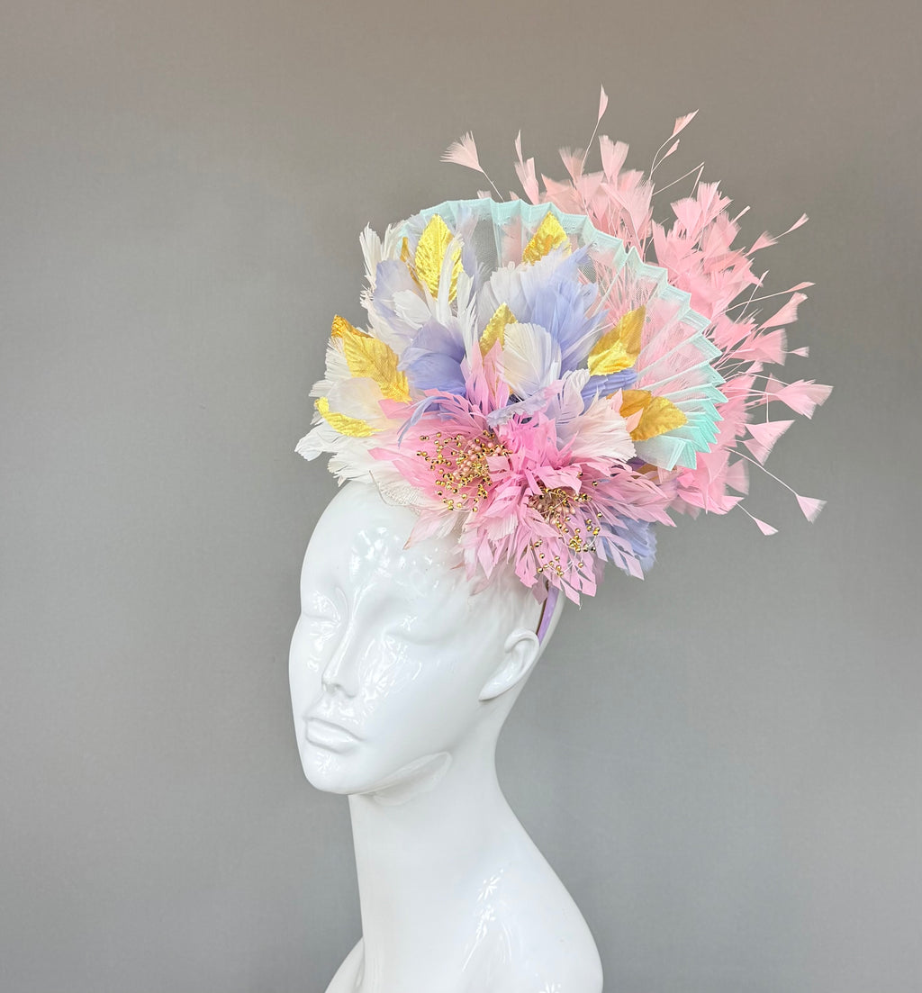 Pink, purple, gold and white Kentucky Derby Fascinator, derby hat Kentucky Derby Hat Alternative, Floral Fascinator, (PLATINUM LINE)