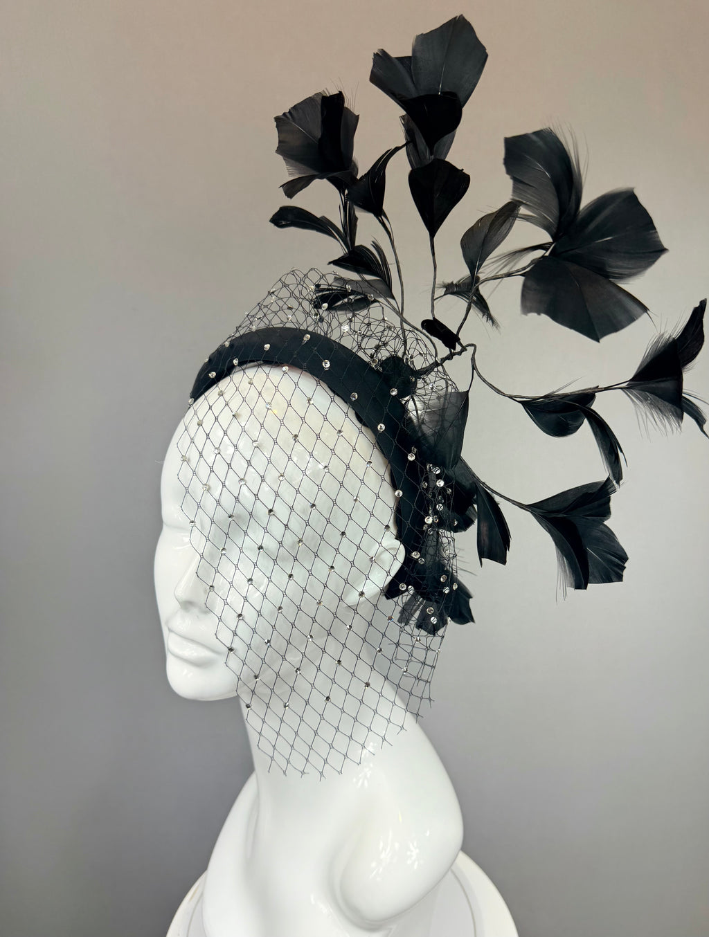 Kentucky Derby Fascinator Hat | Black Rhinestone Feather Hat | Derbyologie