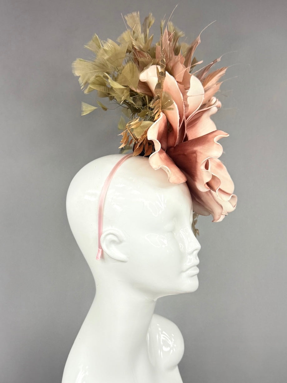 Kentucky Derby Fascinator Hat |  oversized blush magnolia, gold and beige accents Headpiece | Derbyologie