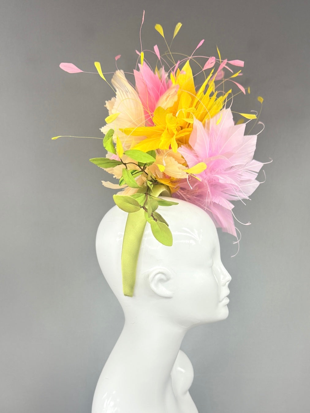 Kentucky Derby Fascinator Hat |  Pink and yellow feathers and leaves Headpiece | Derbyologie