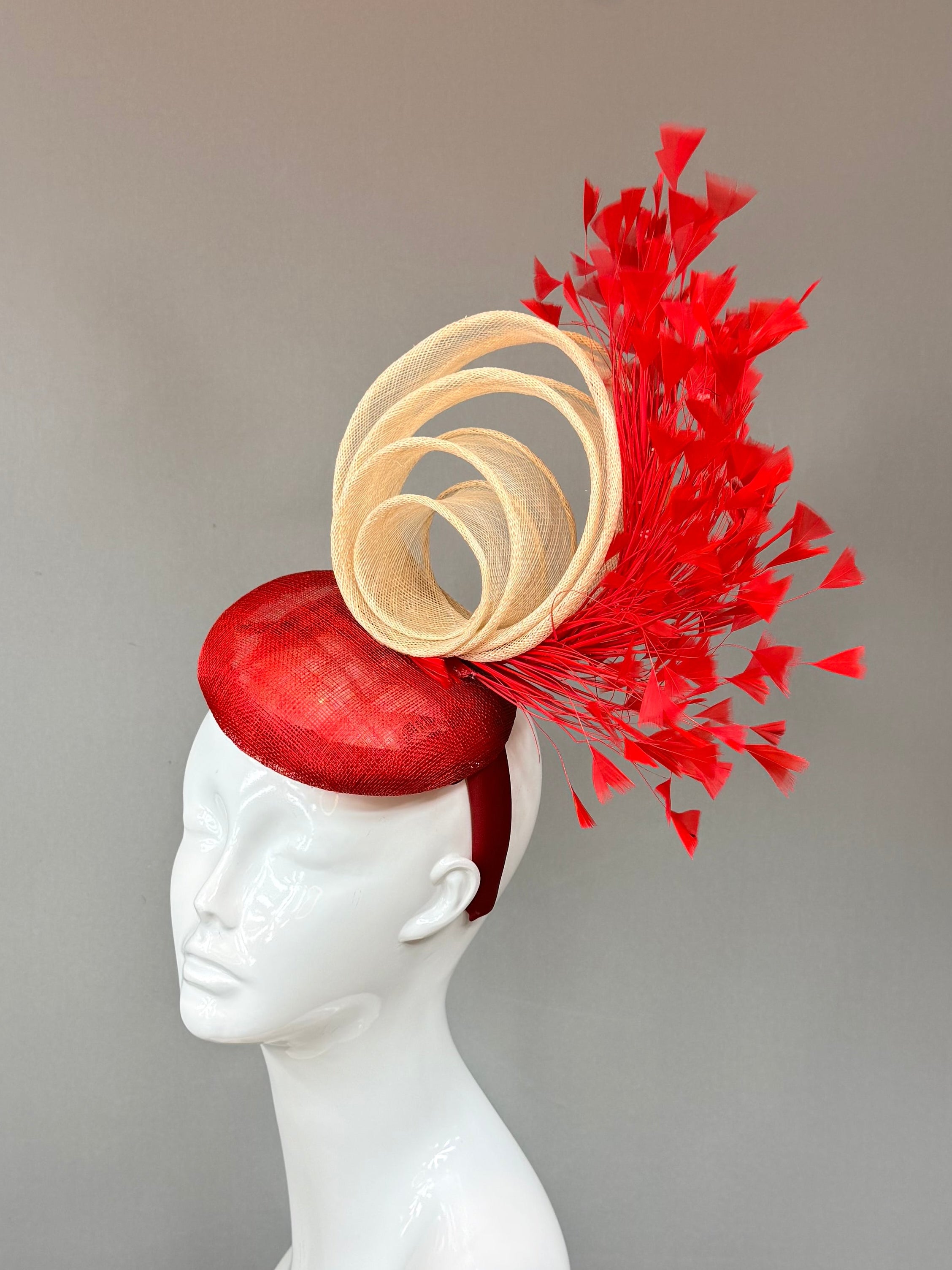 Kentucky Derby Fascinator | Red and Beige Feather Hat | Derbyologie