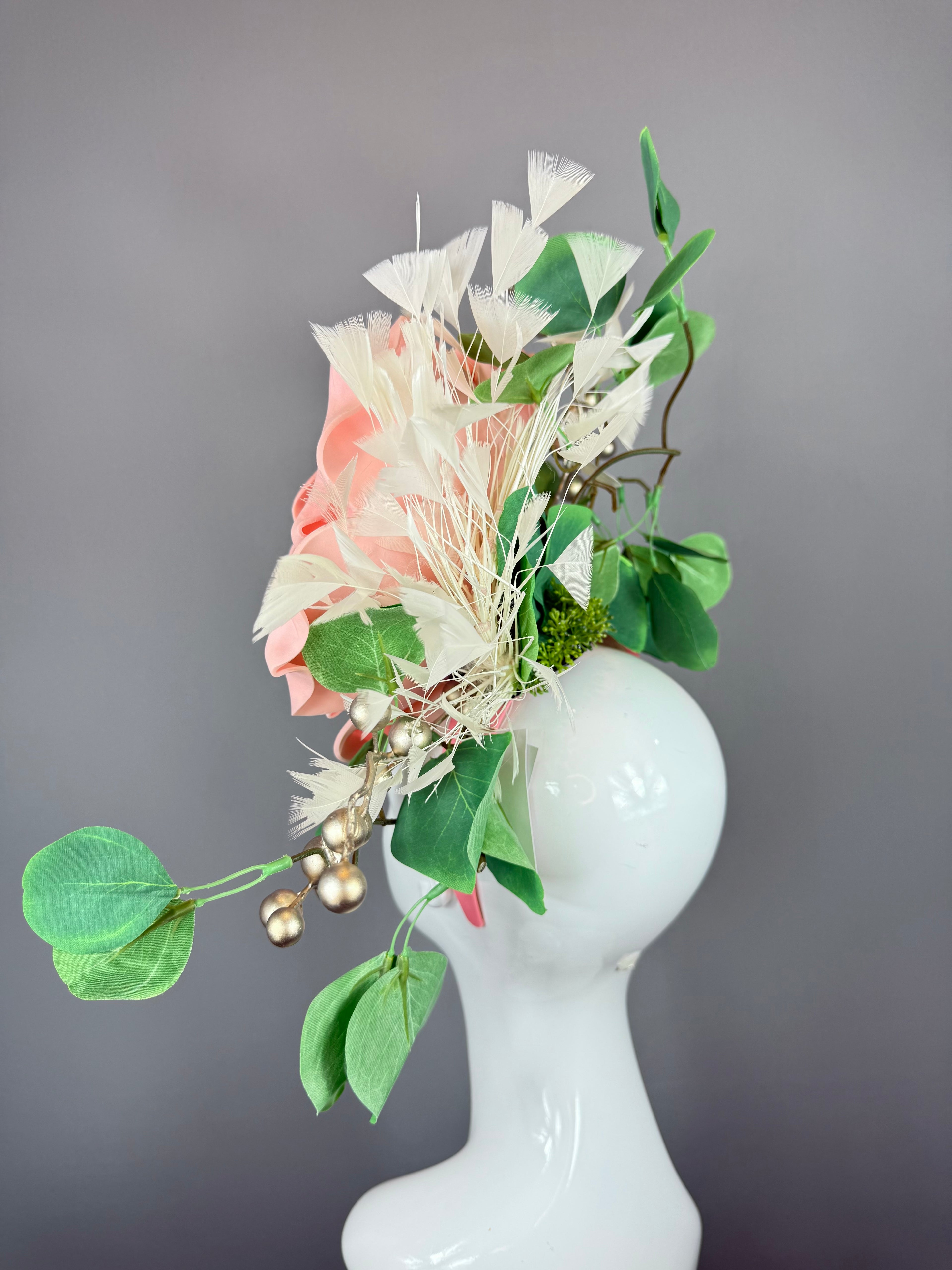 Kentucky Derby Fascinator Hat | Peachy Pink & Green Flower Headpiece | Derbyologie