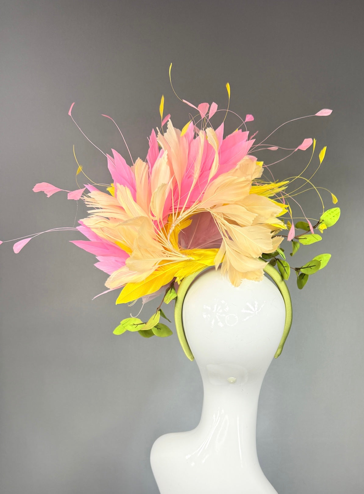 Kentucky Derby Fascinator Hat |  Pink and yellow feathers and leaves Headpiece | Derbyologie