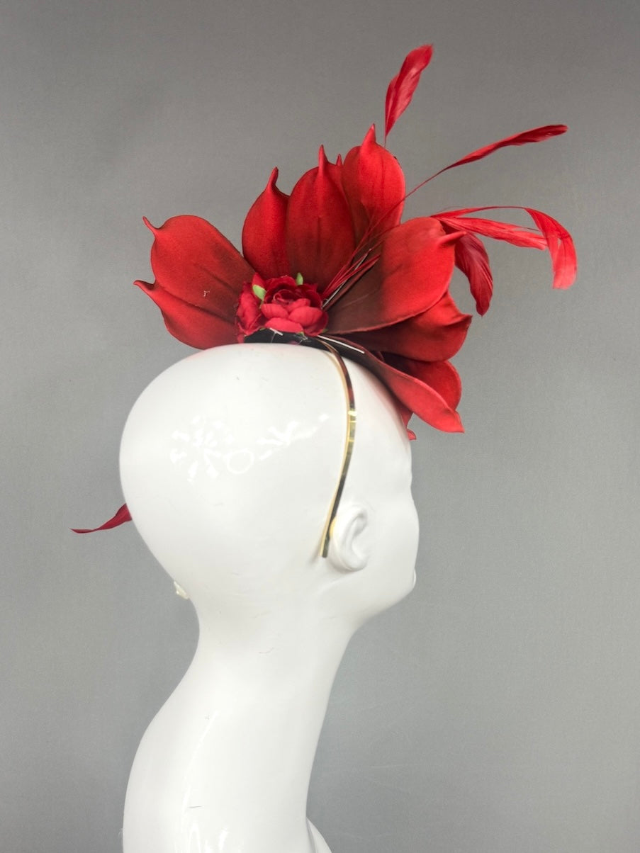 Kentucky Derby Fascinator Hat |  Red magnolias and feathers  Headpiece | Derbyologie