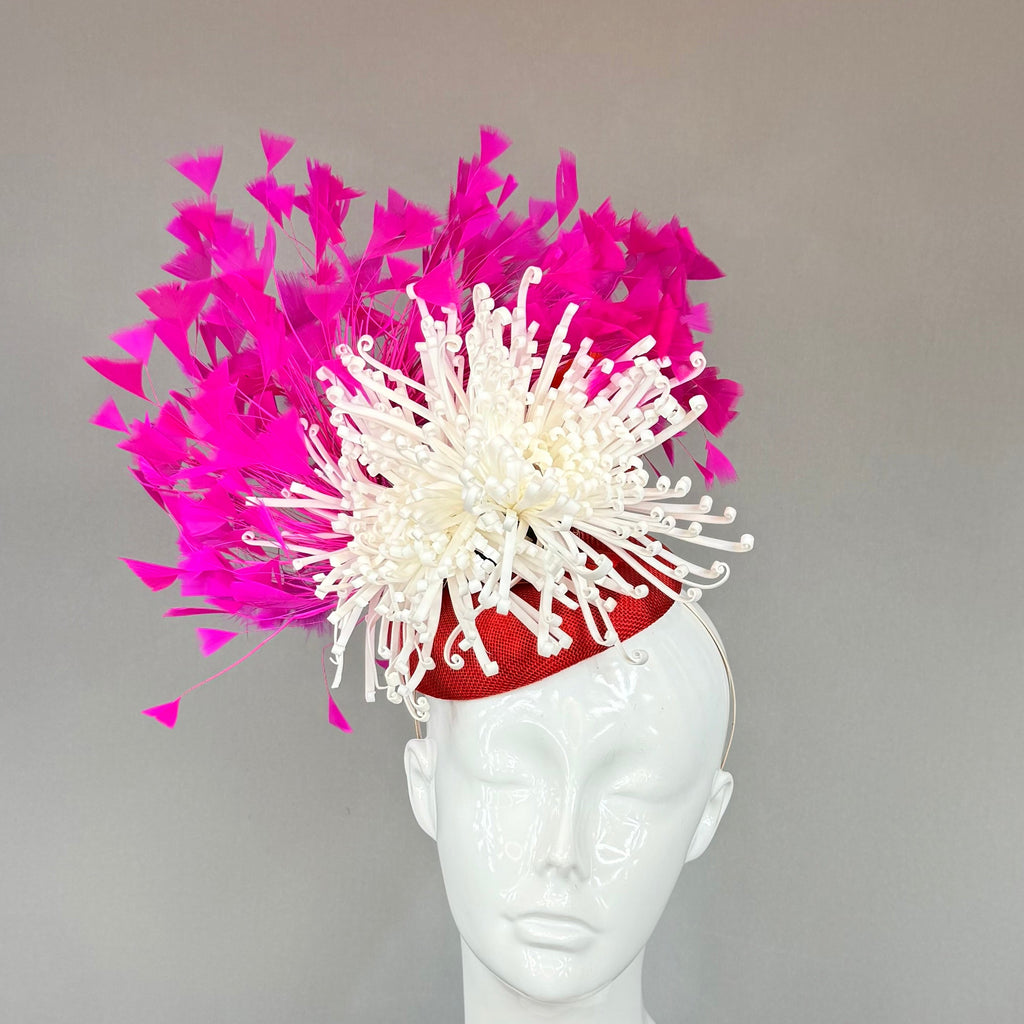 Kentucky Derby Fascinator Hat | Pink, Red & white Feather Headpiece | Derbyologie