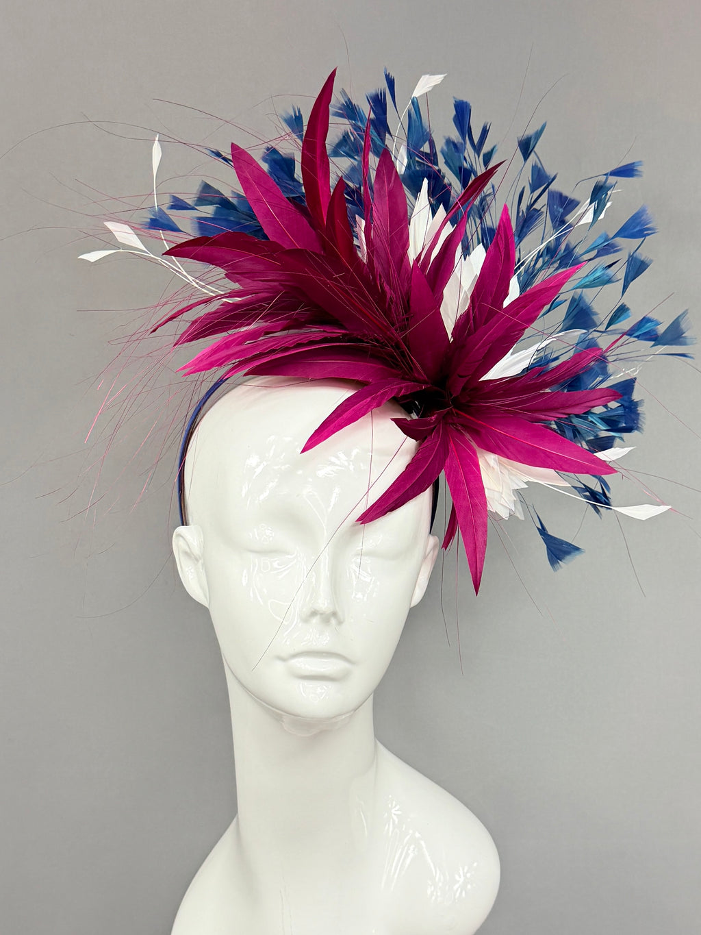 Kentucky Derby Fascinator Hat | Burgundy, white, and blue feathered Headband Hat | Derbyologie