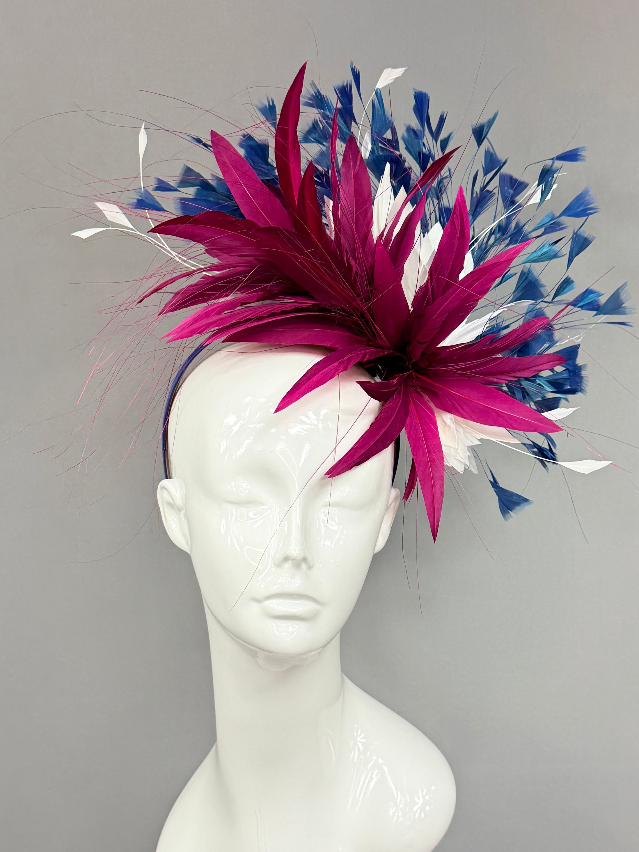 Kentucky Derby Fascinator Hat | Burgundy, white, and blue feathered Headband Hat | Derbyologie