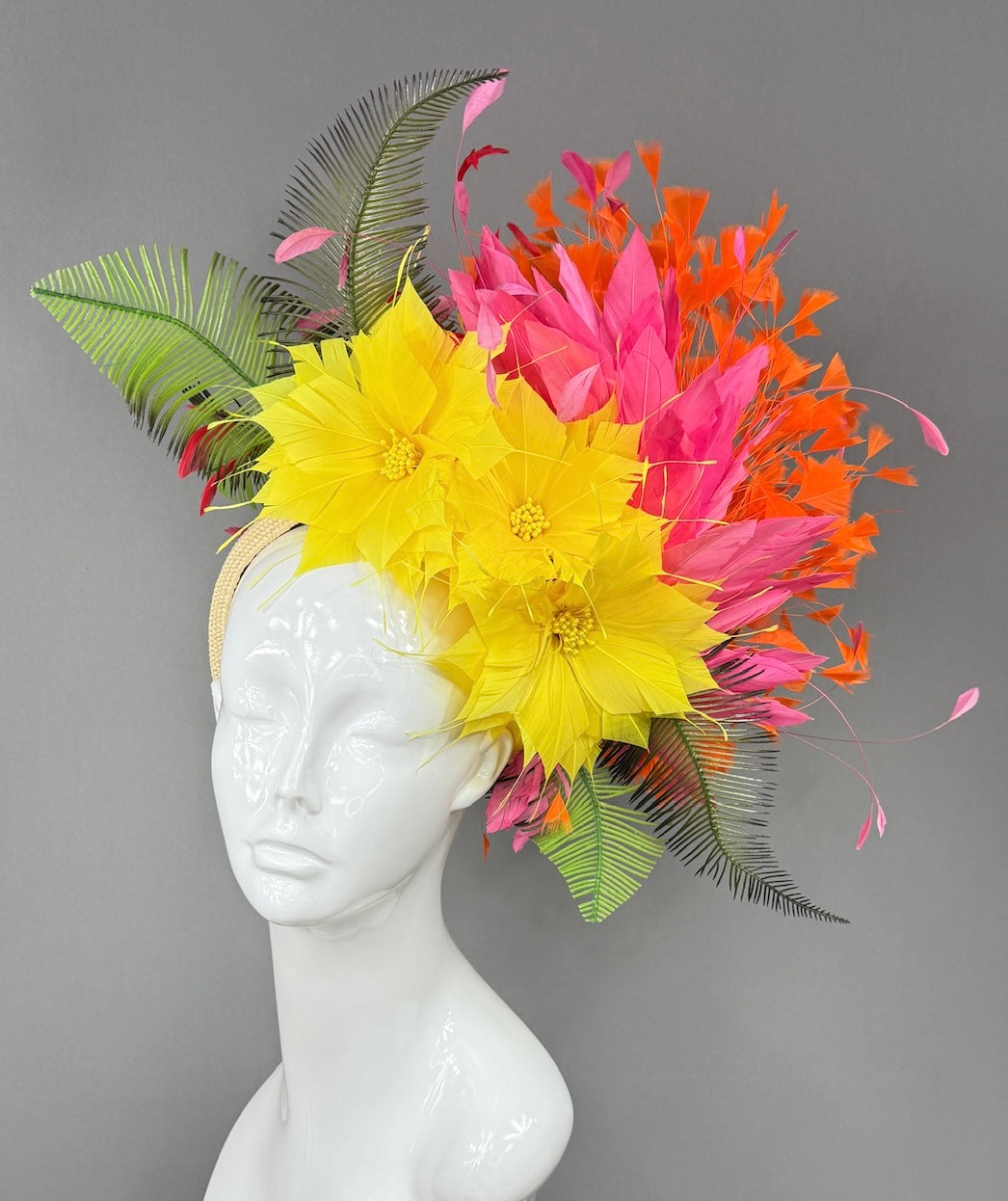 Kentucky Derby Fascinator Hat | Yellow dahlias, pink and orange feathers Headpiece | Derbyologie
