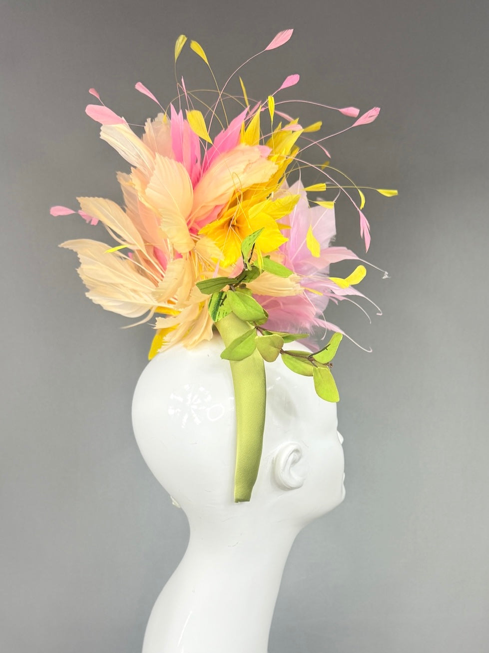Kentucky Derby Fascinator Hat |  Pink and yellow feathers and leaves Headpiece | Derbyologie