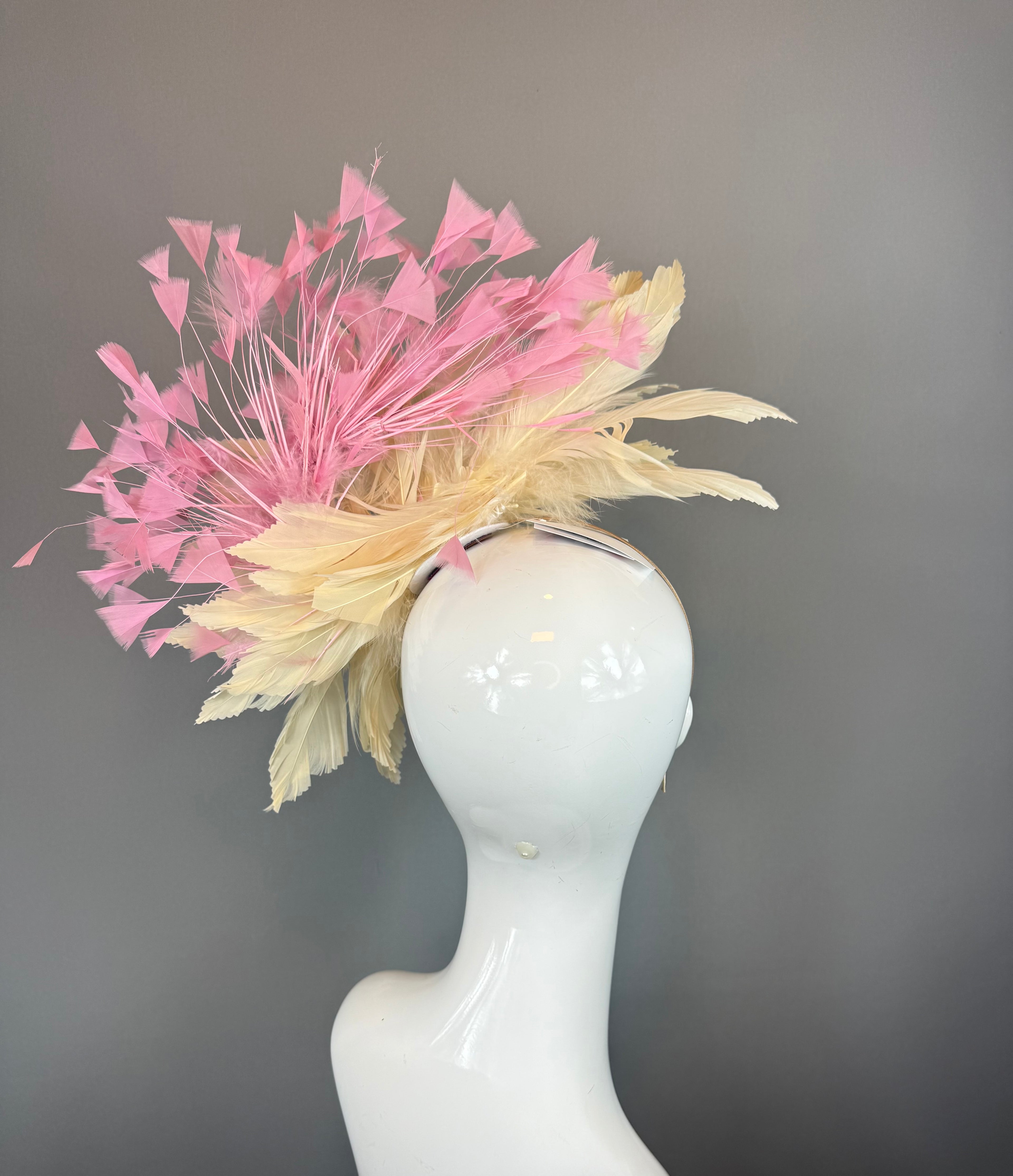 Kentucky Derby Fascinator Hat | Pink & Beige Feather Flower Headpiece | Derbyologie