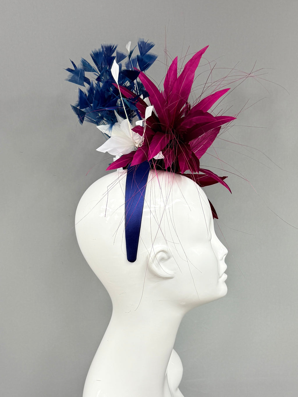Kentucky Derby Fascinator Hat | Burgundy, white, and blue feathered Headband Hat | Derbyologie