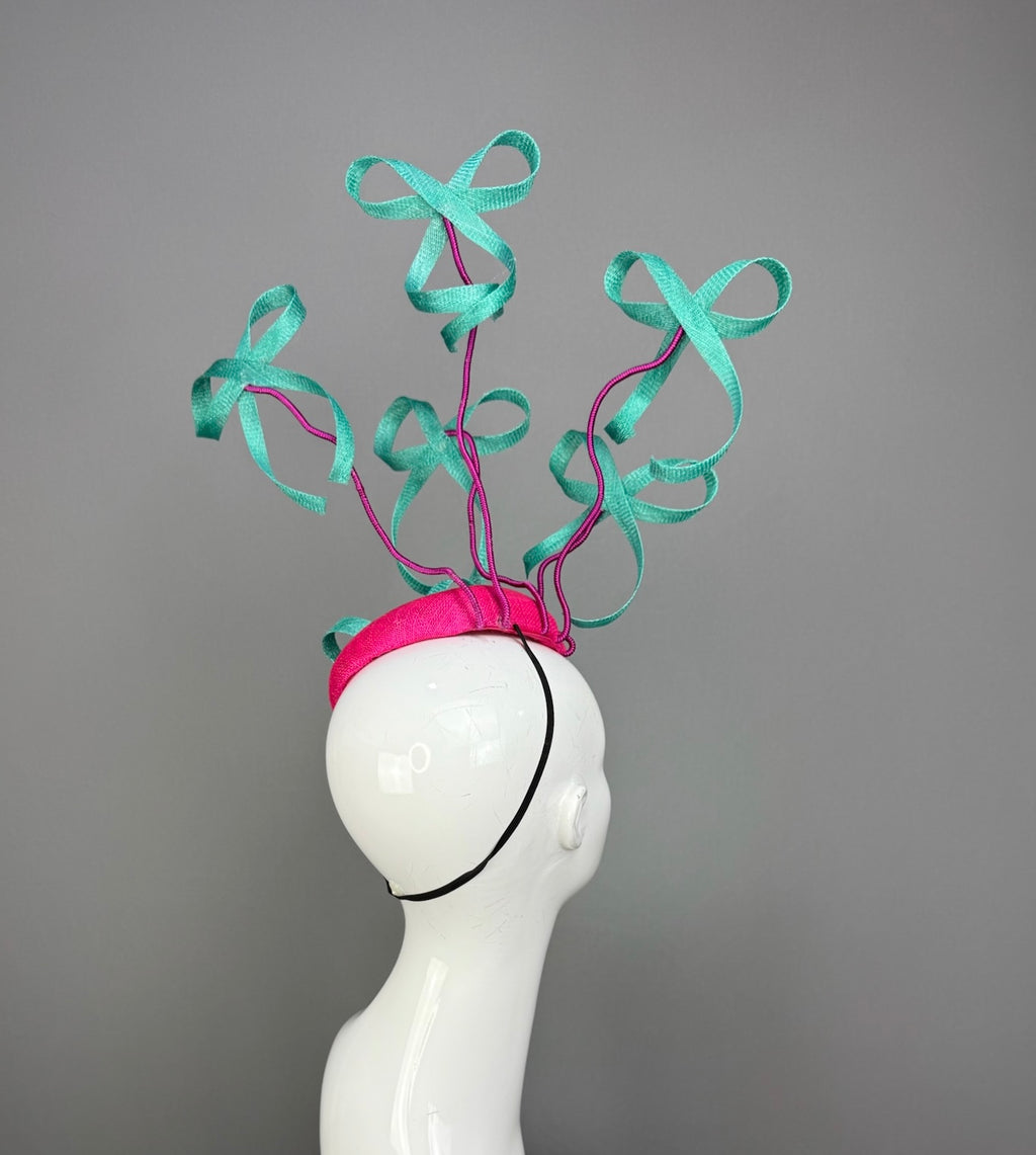Kentucky Derby Fascinator Hat | Pink and Turquoise Bow Headpiece | Derbyologie
