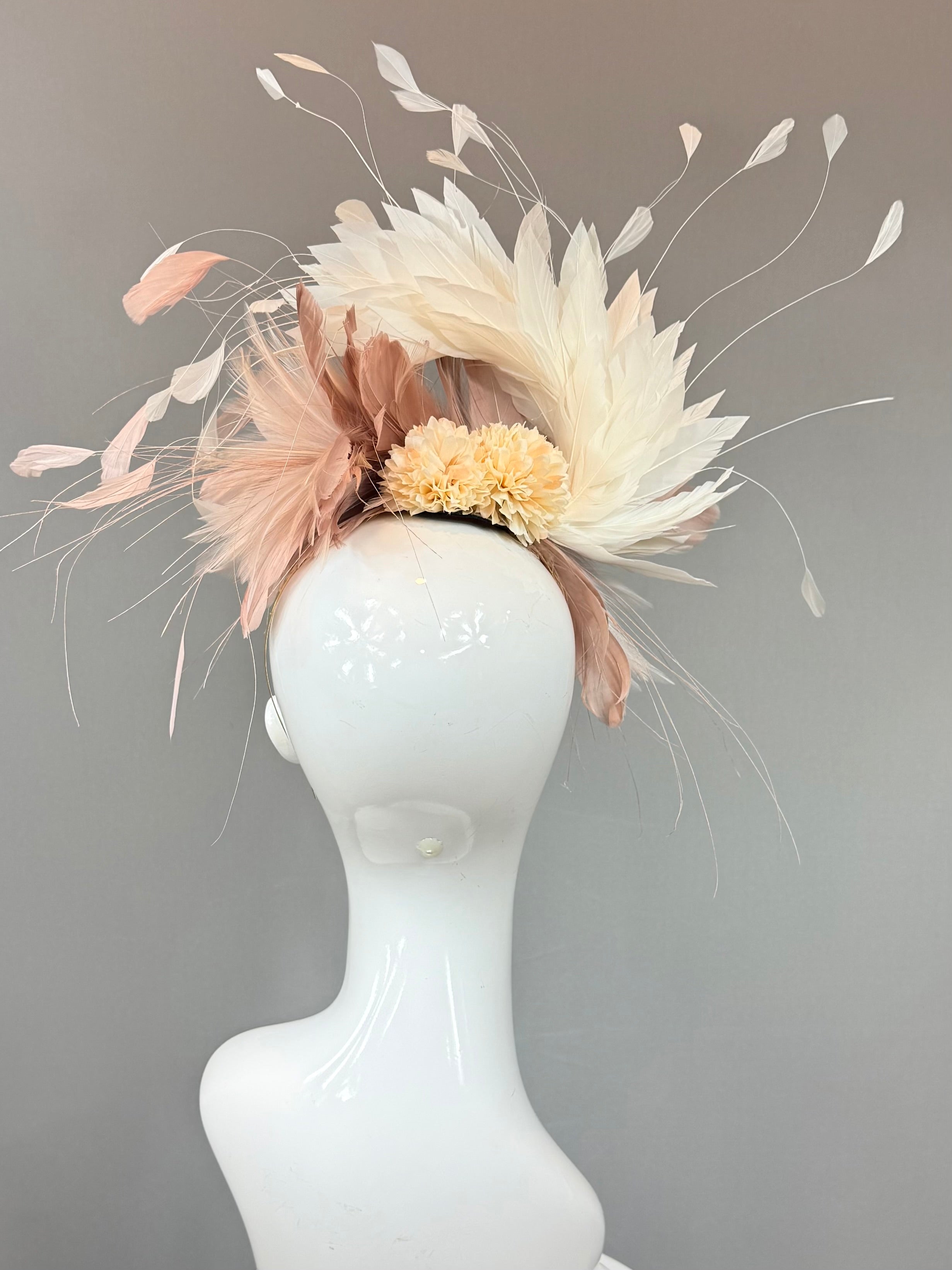 Kentucky Derby Fascinator Hat | Neutral Beige Blush and Ivory Feather Headband Hat | Derbyologie