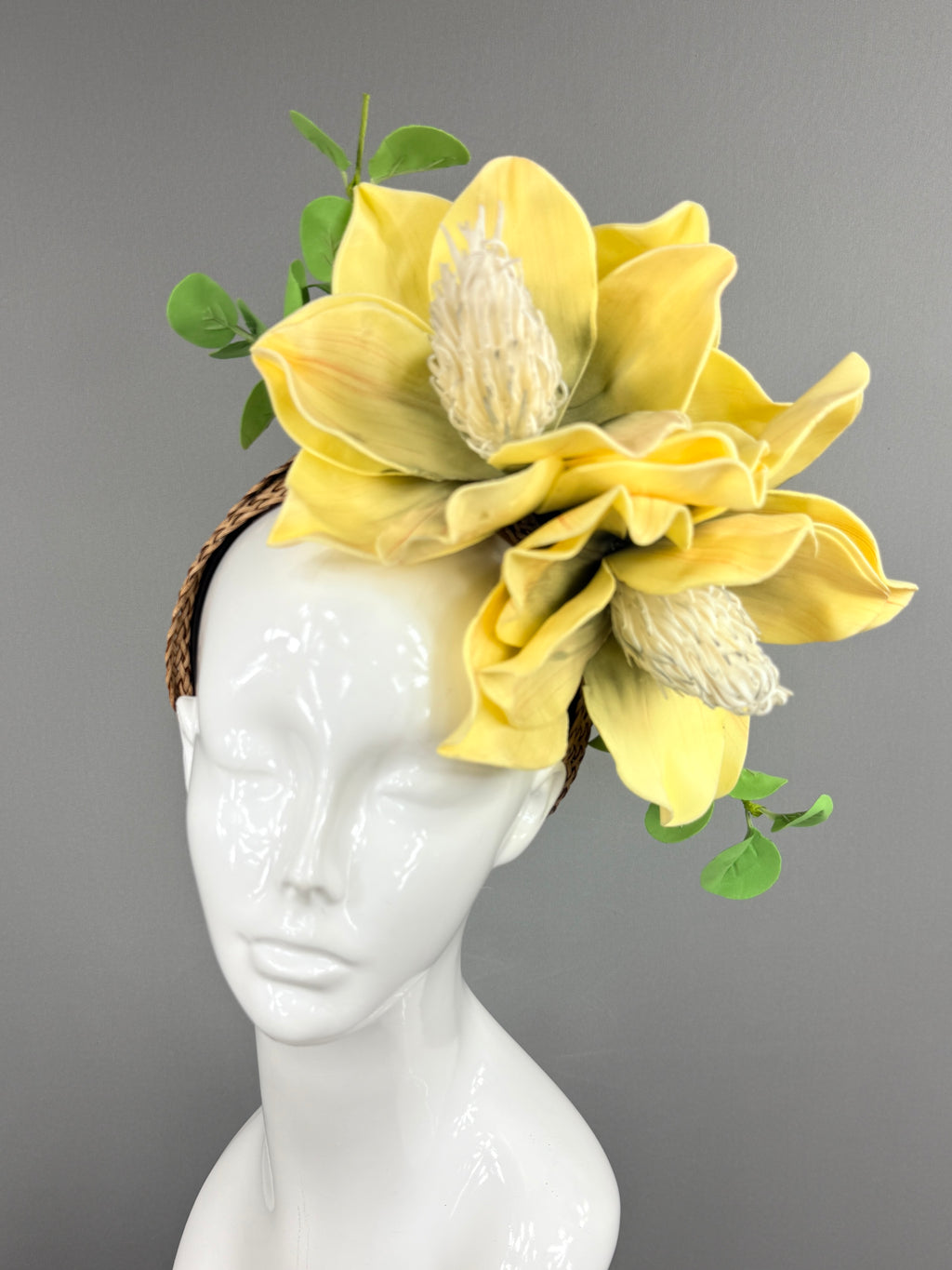 Kentucky Derby Fascinator Hat | Yellow magnolias with green eucalyptus Headpiece | Derbyologie