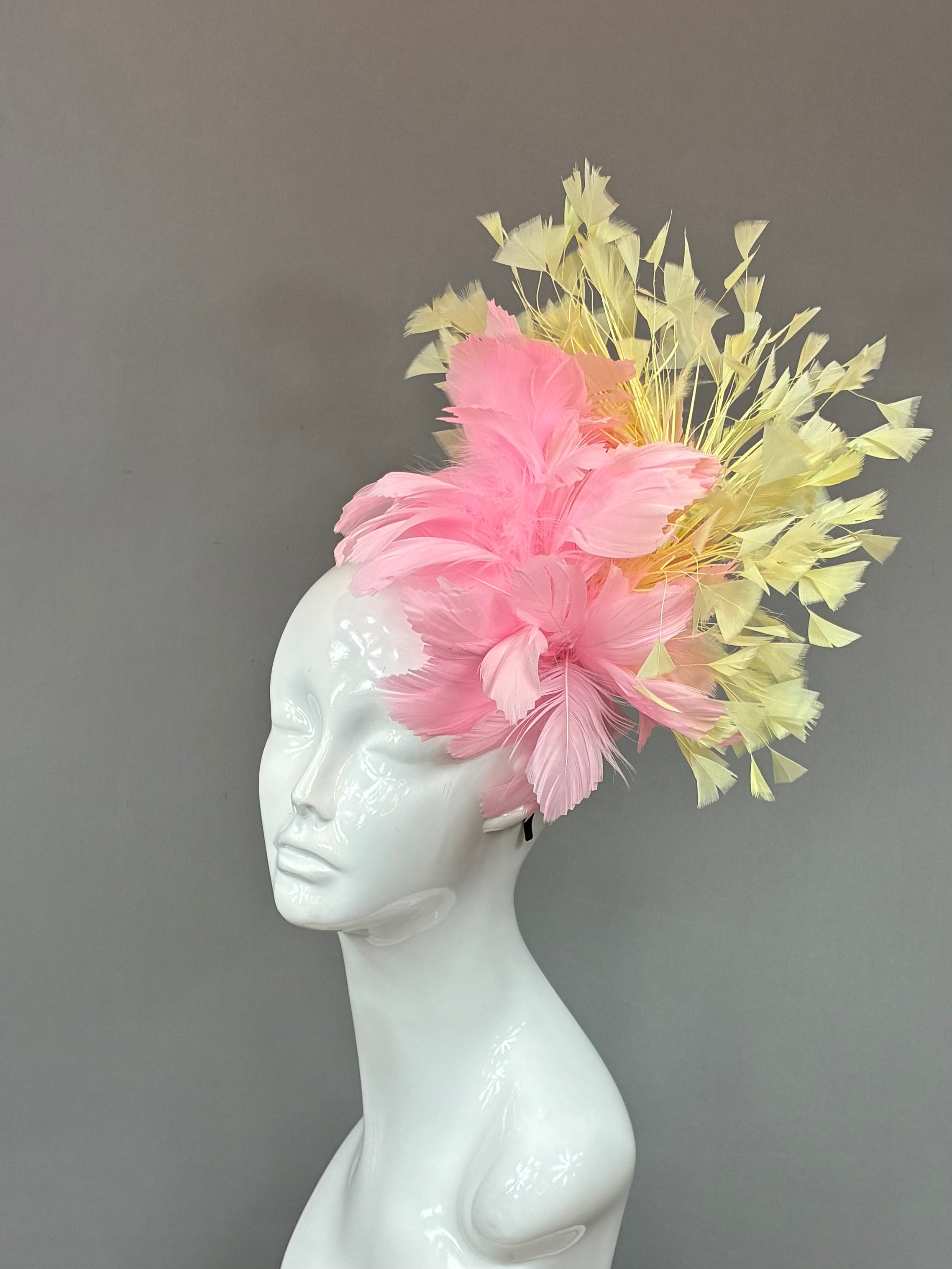 Kentucky Derby Fascinator Hat | Pink and yellow feathered Headband Hat | Derbyologie