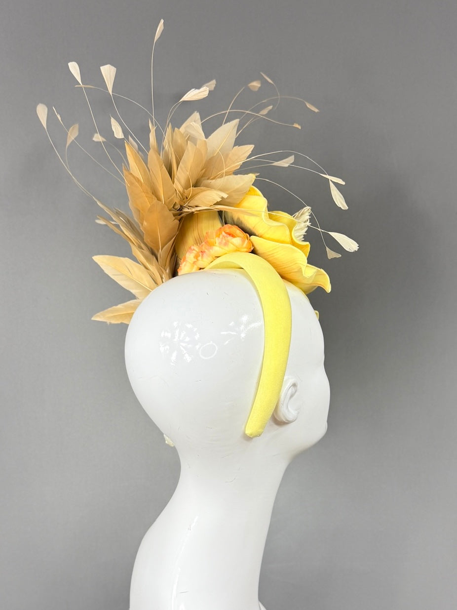 Kentucky Derby Fascinator Hat |oversized yellow magnolias and beige feathers Headpiece | Derbyologie