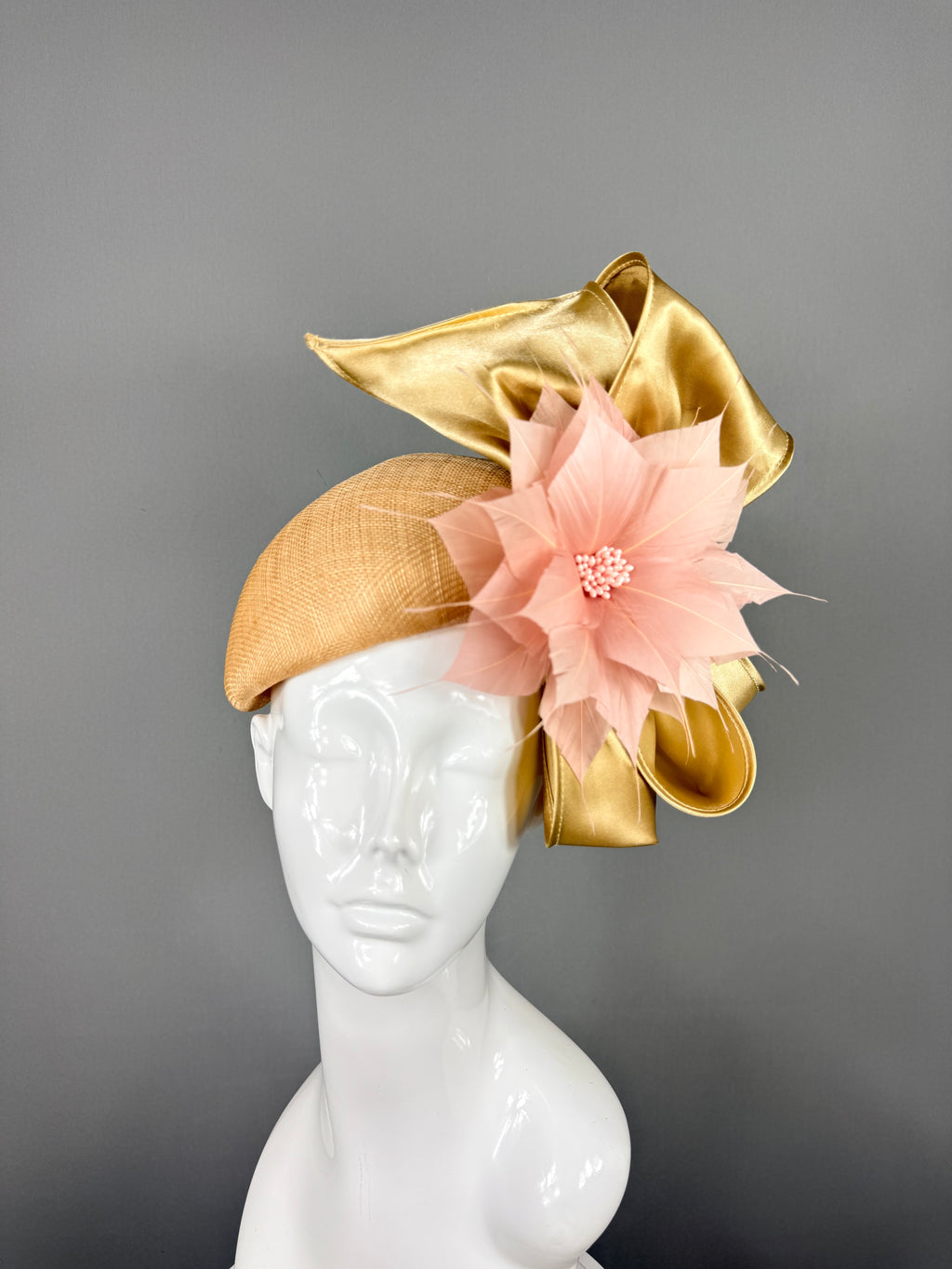 Kentucky Derby Fascinator Hat | Peachy Pink & Gold Bow Headpiece | Derbyologie