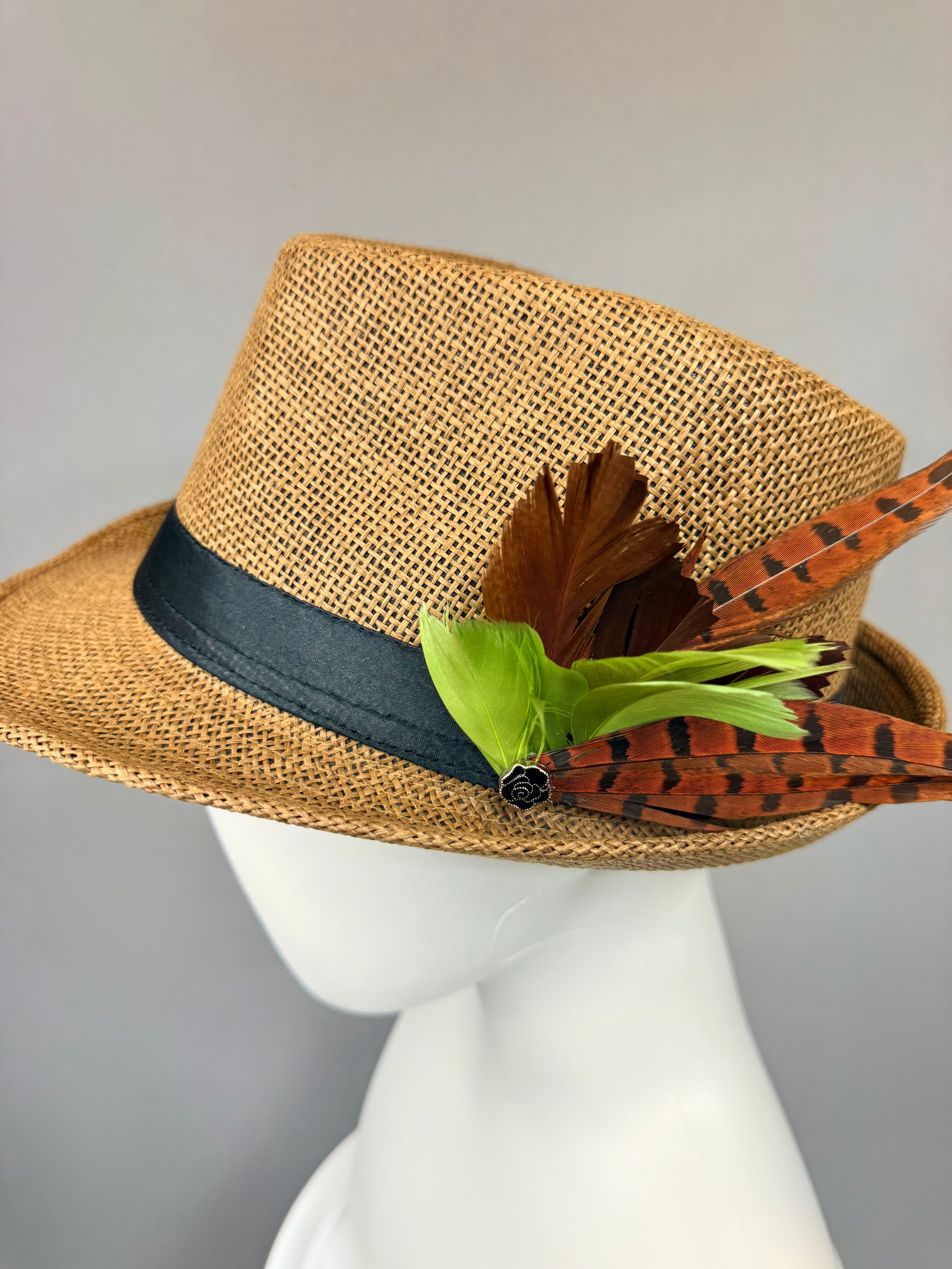 Kentucky Derby Men’s Hat | Brown Straw Fedora, Green Feather Hat| Derbyologie