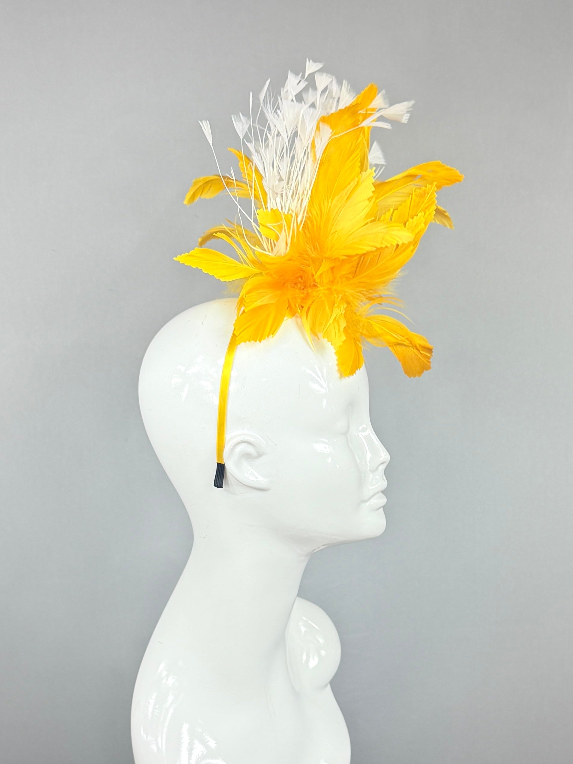 Kentucky Derby Fascinator Hat | White and yellow feathered Headband Hat | Derbyologie