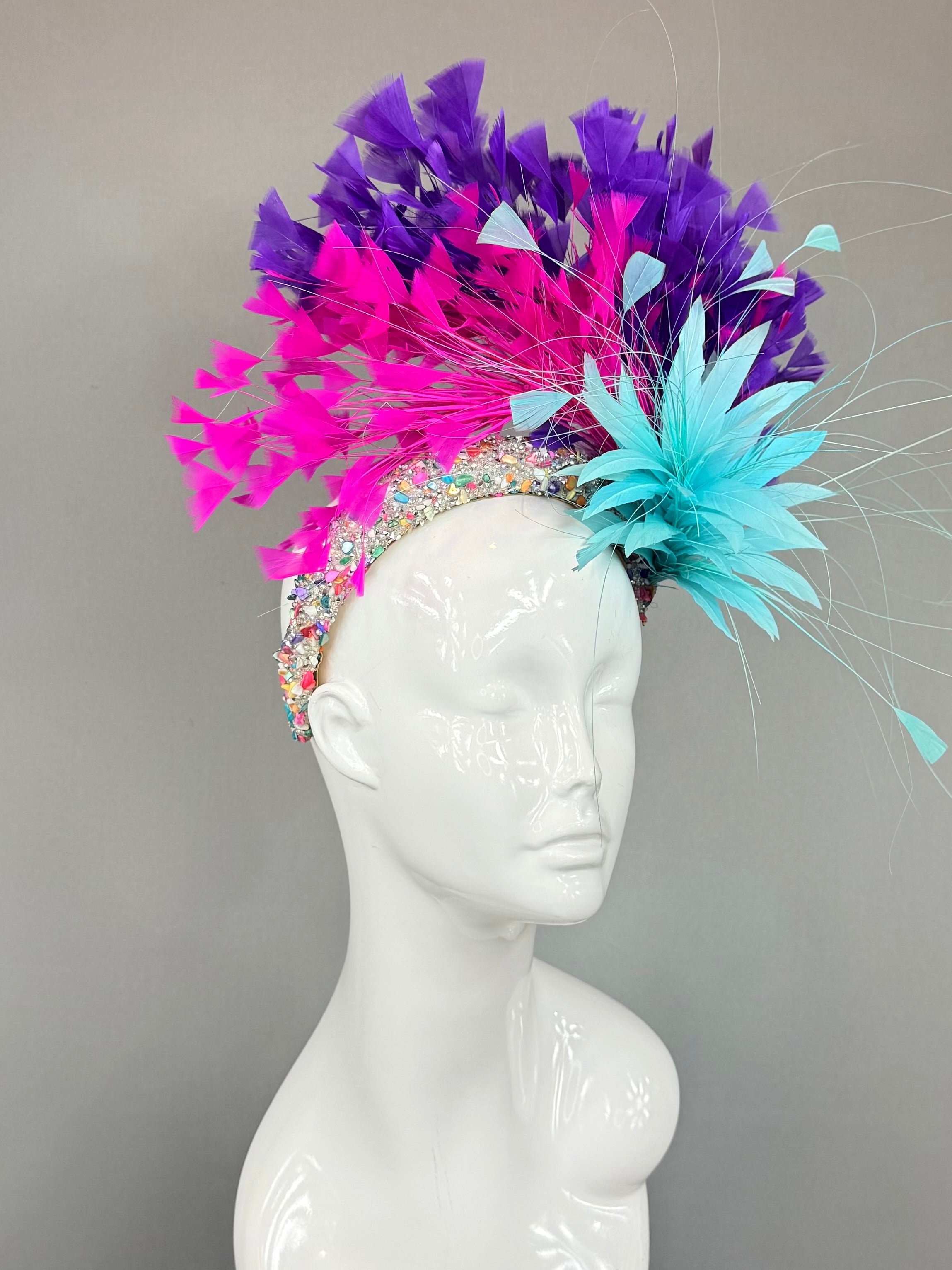 Kentucky Derby Fascinator Hat | Pink, Purple, Turquoise Feather Headpiece| Derbyologie