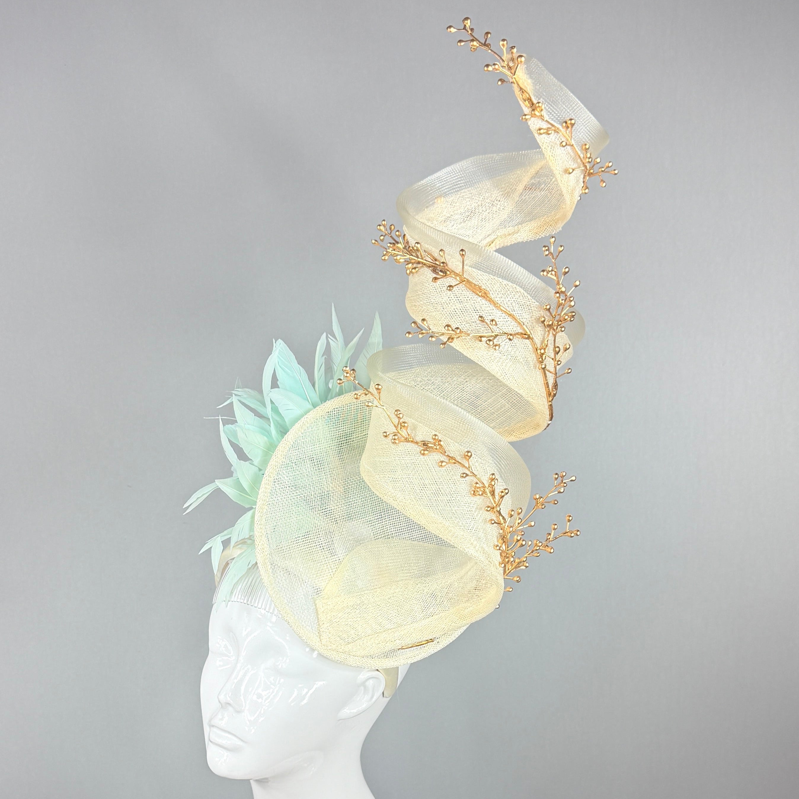 Kentucky Derby Fascinator Hat | Cream, gold, mint Headband Hat | Derbyologie