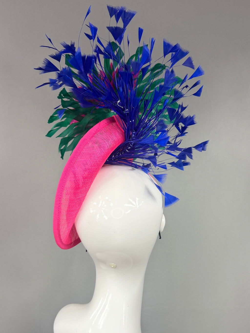 Kentucky Derby Fascinator Hat |  Pink and green feathered dahlia with blue feathers Headpiece | Derbyologie