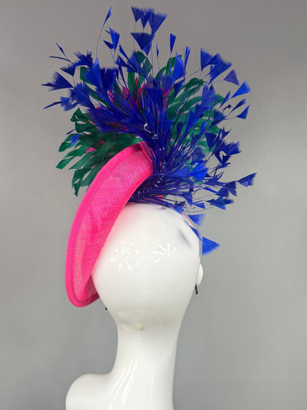 Kentucky Derby Fascinator Hat |  Pink and green feathered dahlia with blue feathers Headpiece | Derbyologie