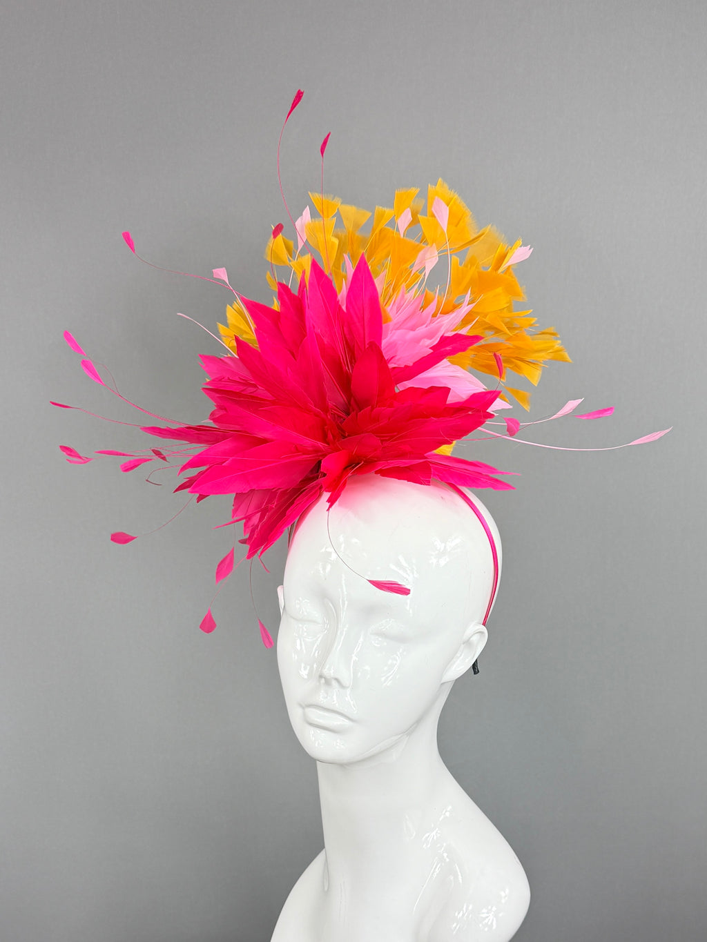 Kentucky Derby Fascinator Hat | fuchsia, pink, and yellow feathered Headpiece | Derbyologie