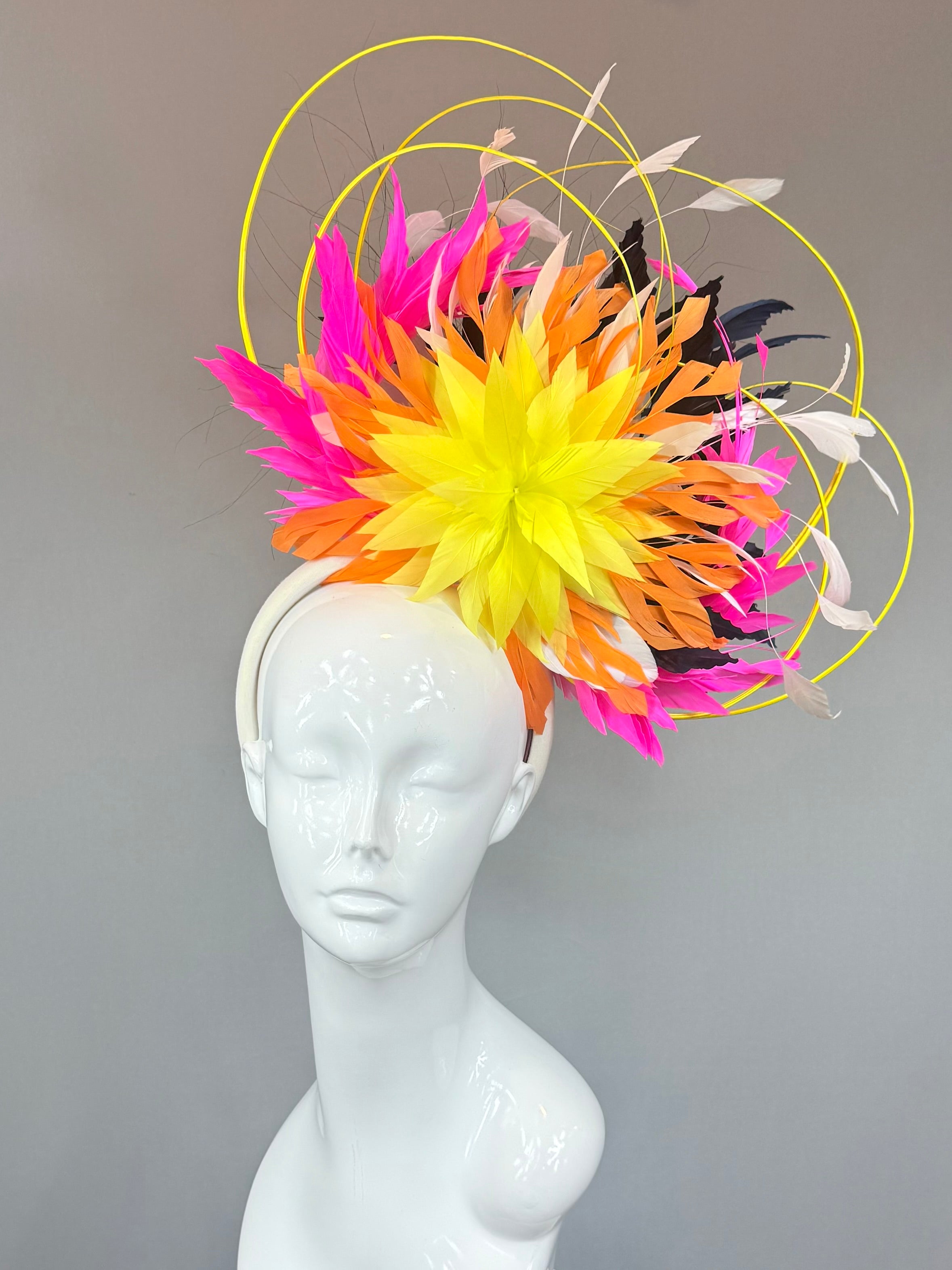 Kentucky Derby Fascinator Hat | Neon Pink, Yellow, Orange Feather Hat | Derbyologie