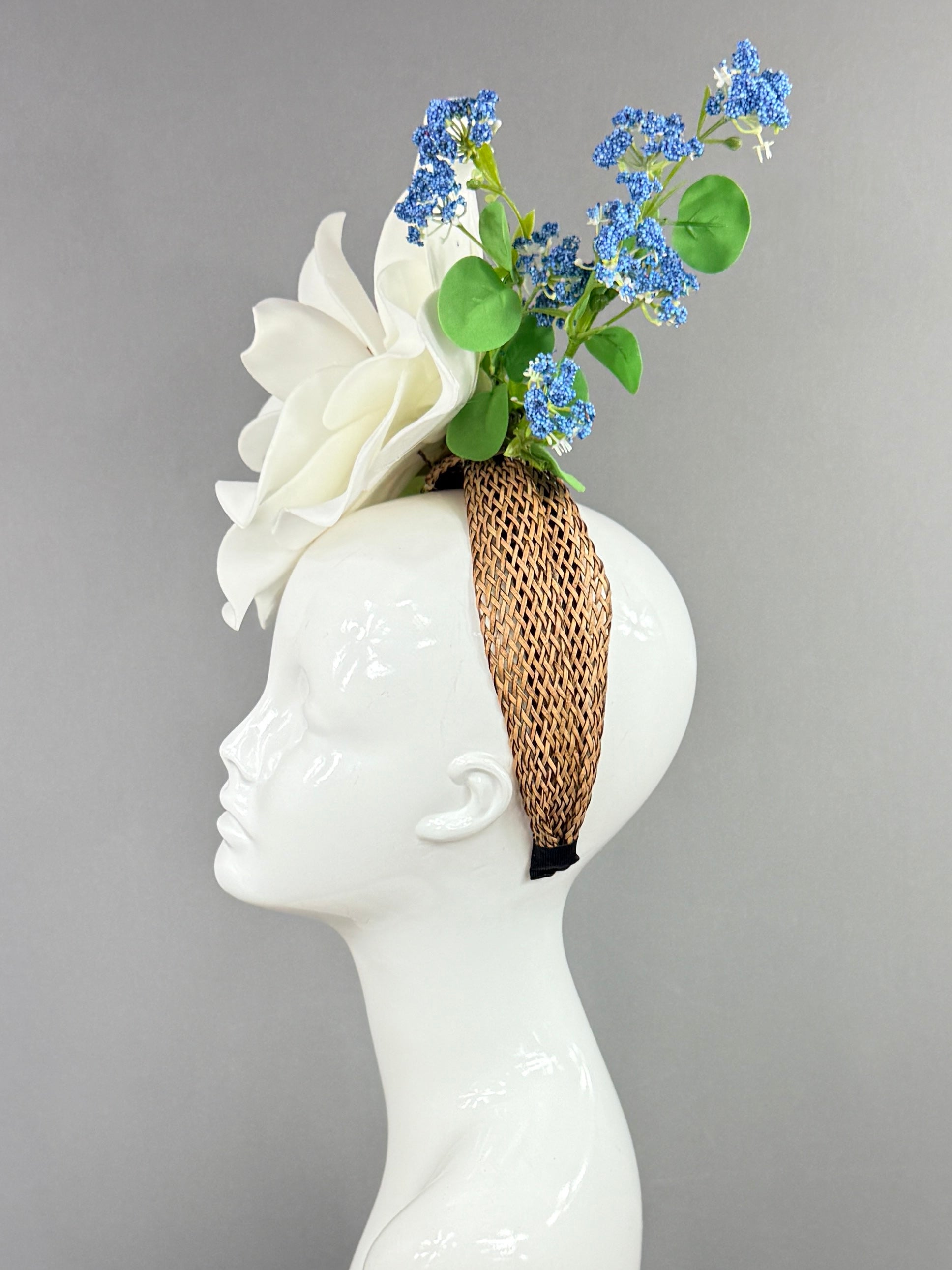 Kentucky Derby Fascinator Hat | White magnolia with blue and green flowers Headpiece | Derbyologie