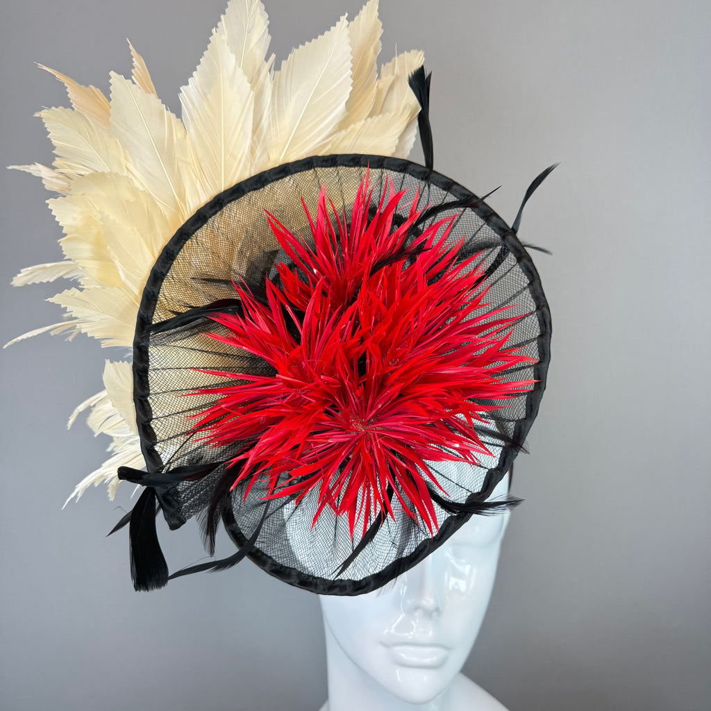 Kentucky Derby Fascinator Hat | Black, red, cream feather Headpiece | Derbyologie