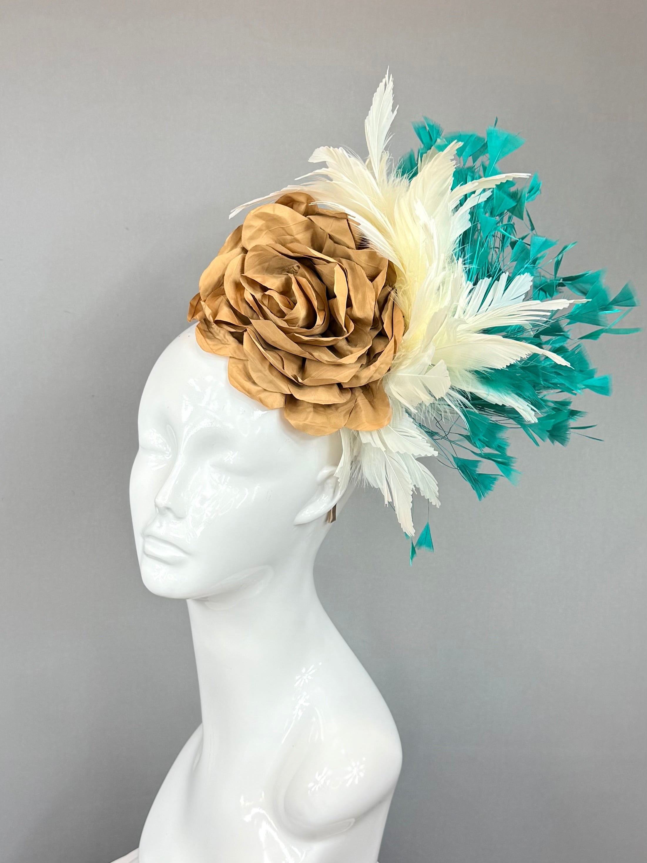 Kentucky Derby Fascinator Hat | Tan, Cream and Teal Headpiece | Derbyologie