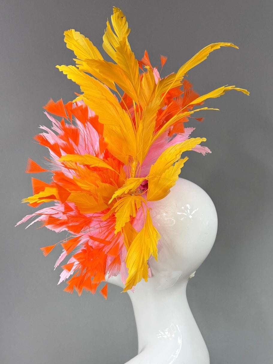 Kentucky Derby Fascinator Hat | Pink, Orange, and Yellow feathered Headpiece | Derbyologie
