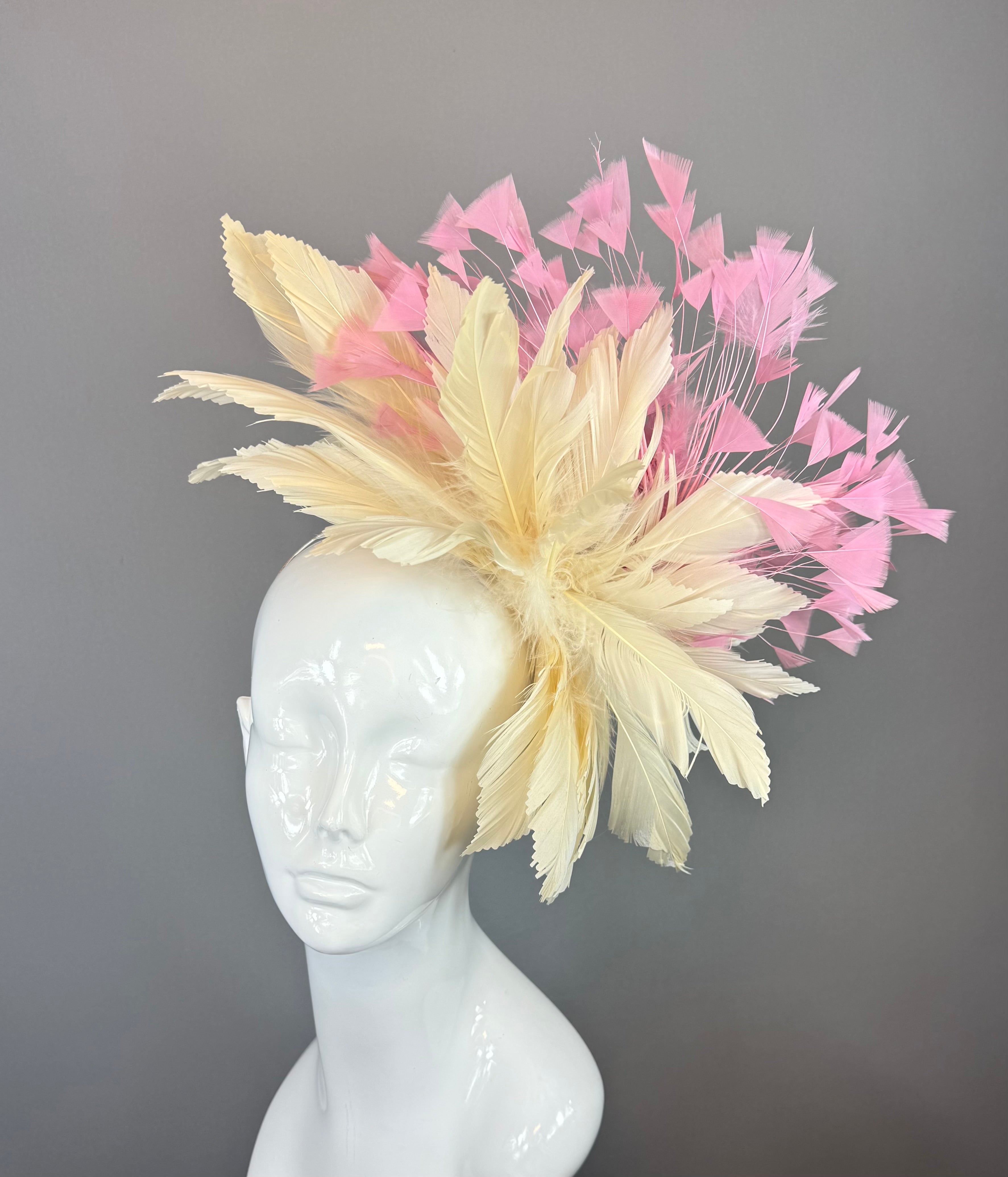Kentucky Derby Fascinator Hat | Pink & Beige Feather Flower Headpiece | Derbyologie