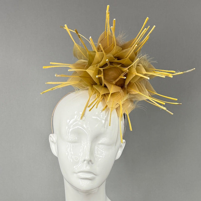 Kentucky Derby Fascinator Hat | Gold feathered dahlia Headpiece | Derbyologie