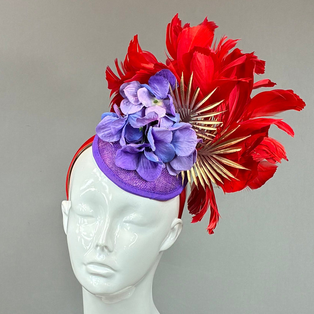 Kentucky Derby Fascinator Hat | Red, Gold, and Purple Headpiece | Derbyologie