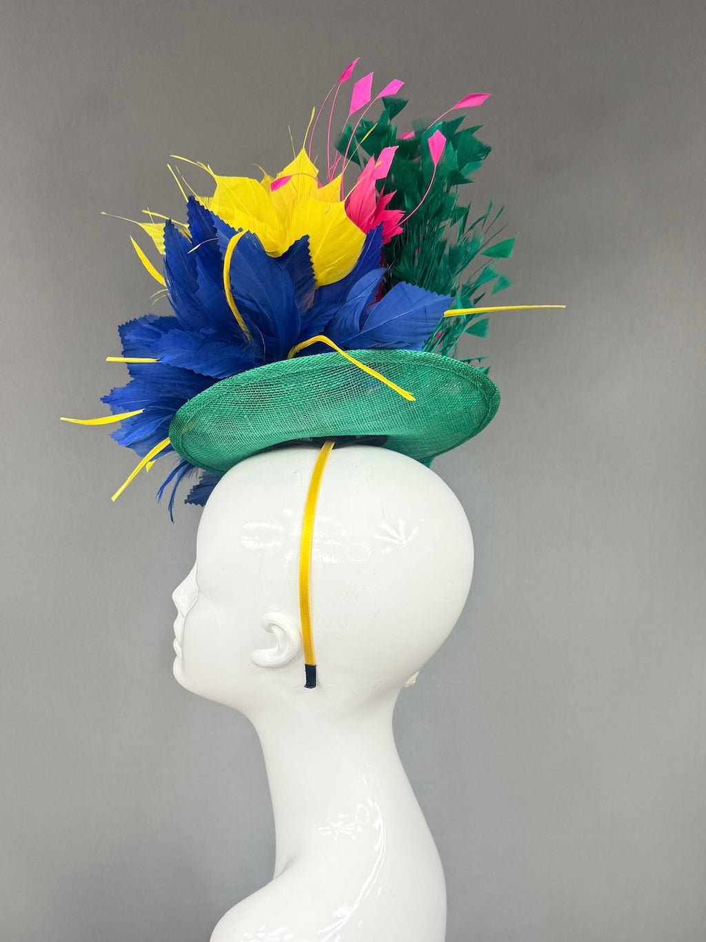 Kentucky Derby Fascinator Hat |  Navy, yellow, pink, and green feathered Headpiece | Derbyologie