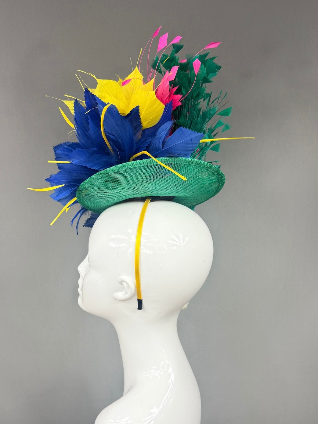 Kentucky Derby Fascinator Hat |  Navy, yellow, pink, and green feathered Headpiece | Derbyologie