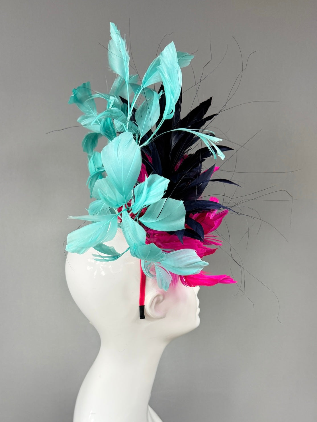 Kentucky Derby Fascinator Hat | Pink, navy, and teal feathered Headpiece | Derbyologie