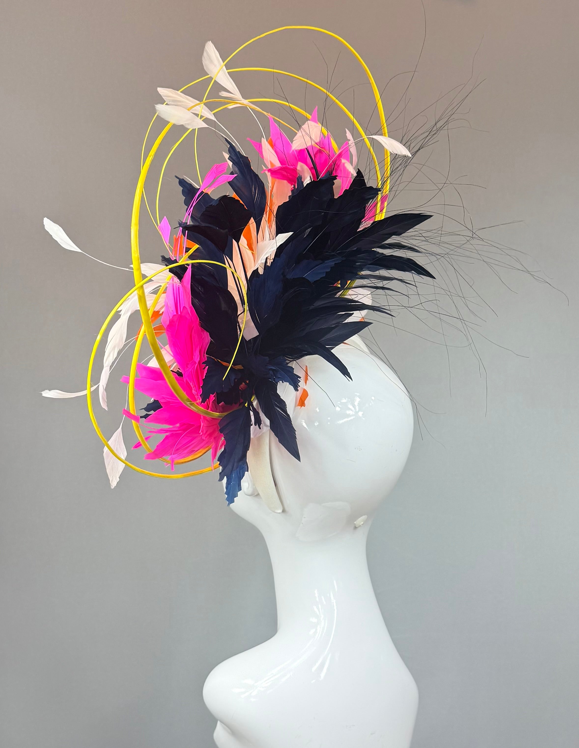 Kentucky Derby Fascinator Hat | Neon Pink, Yellow, Orange Feather Hat | Derbyologie
