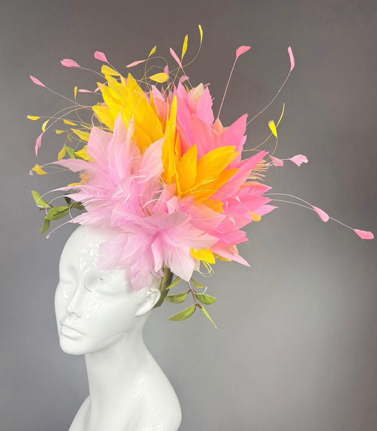 Kentucky Derby Fascinator Hat |  Pink and yellow feathers and leaves Headpiece | Derbyologie