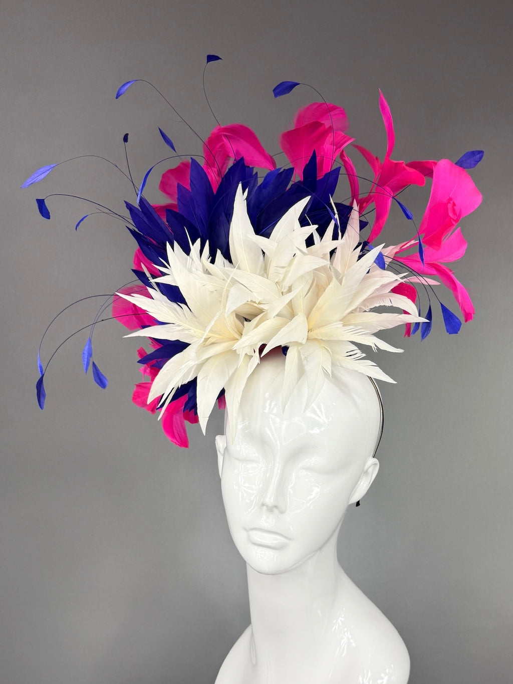 Kentucky Derby Fascinator Hat |  White, navy, and pink feathered  Headpiece | Derbyologie