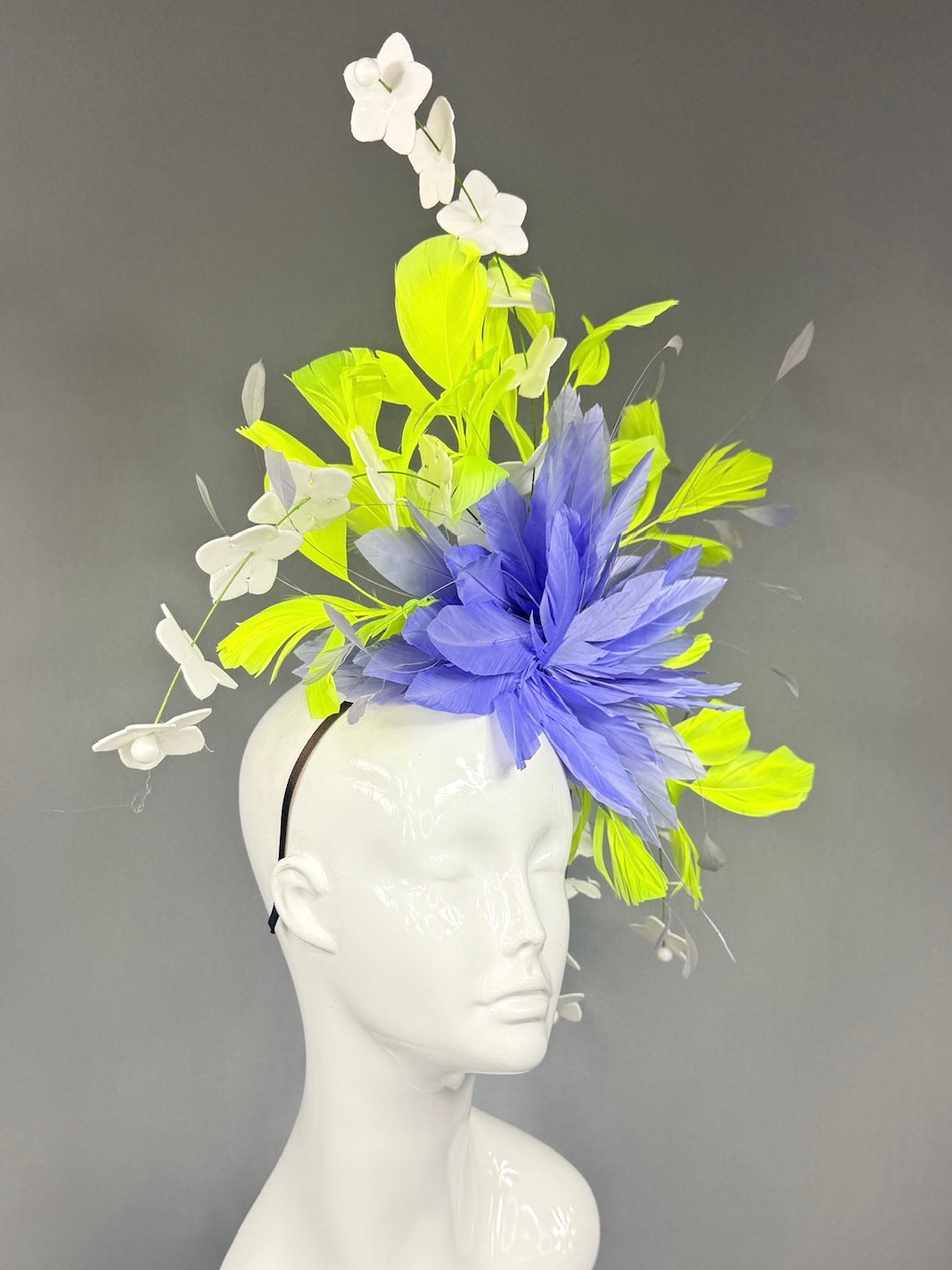 Kentucky Derby Fascinator Hat |  Purple and lime green feathers and white flowers Headpiece | Derbyologie