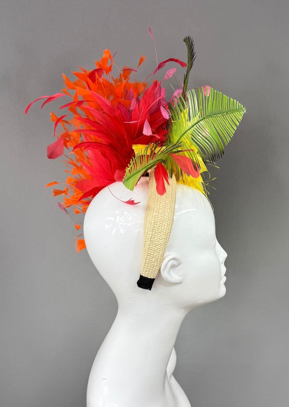 Kentucky Derby Fascinator Hat | Yellow dahlias, pink and orange feathers Headpiece | Derbyologie