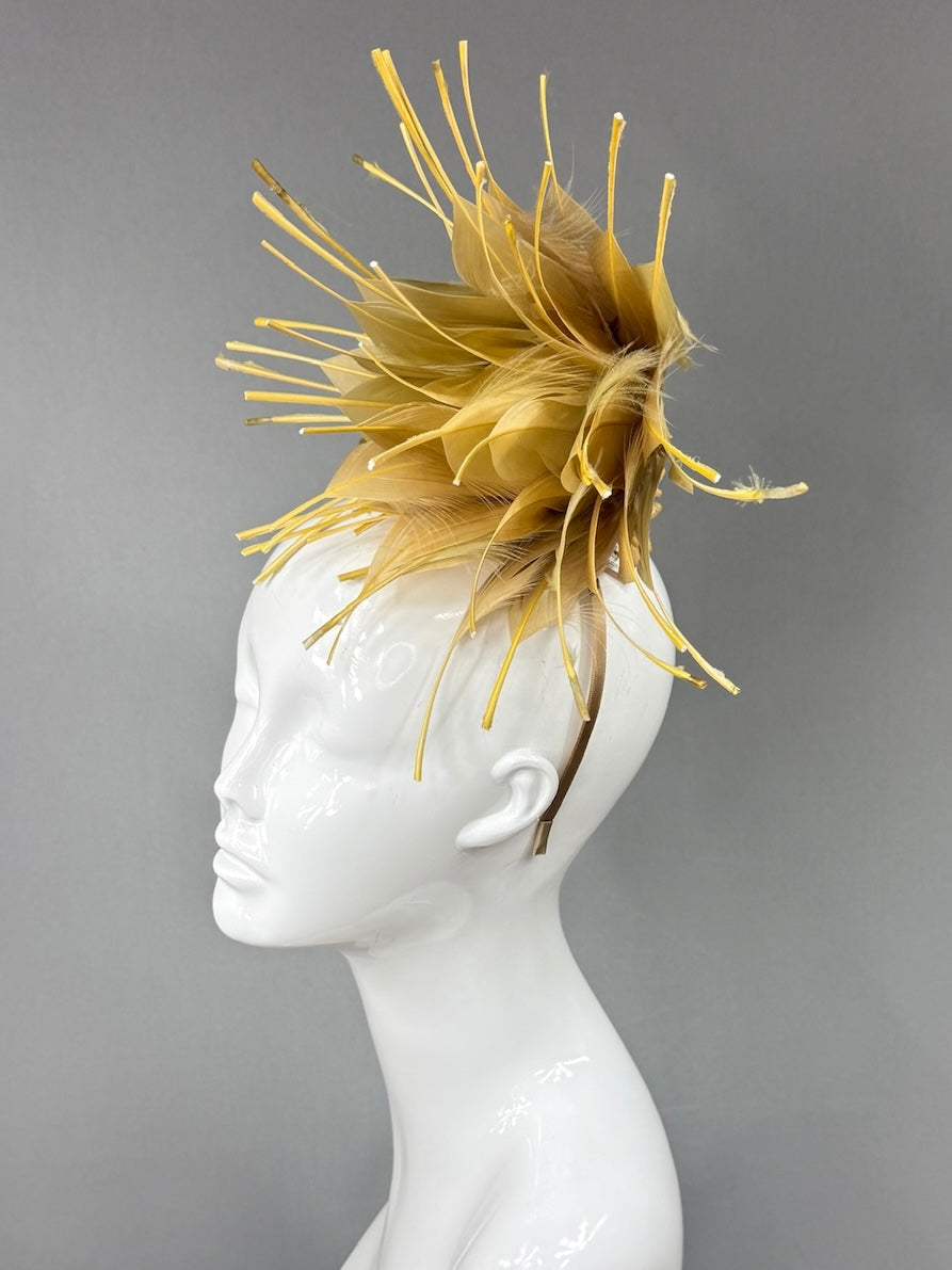 Kentucky Derby Fascinator Hat | Gold feathered dahlia Headpiece | Derbyologie