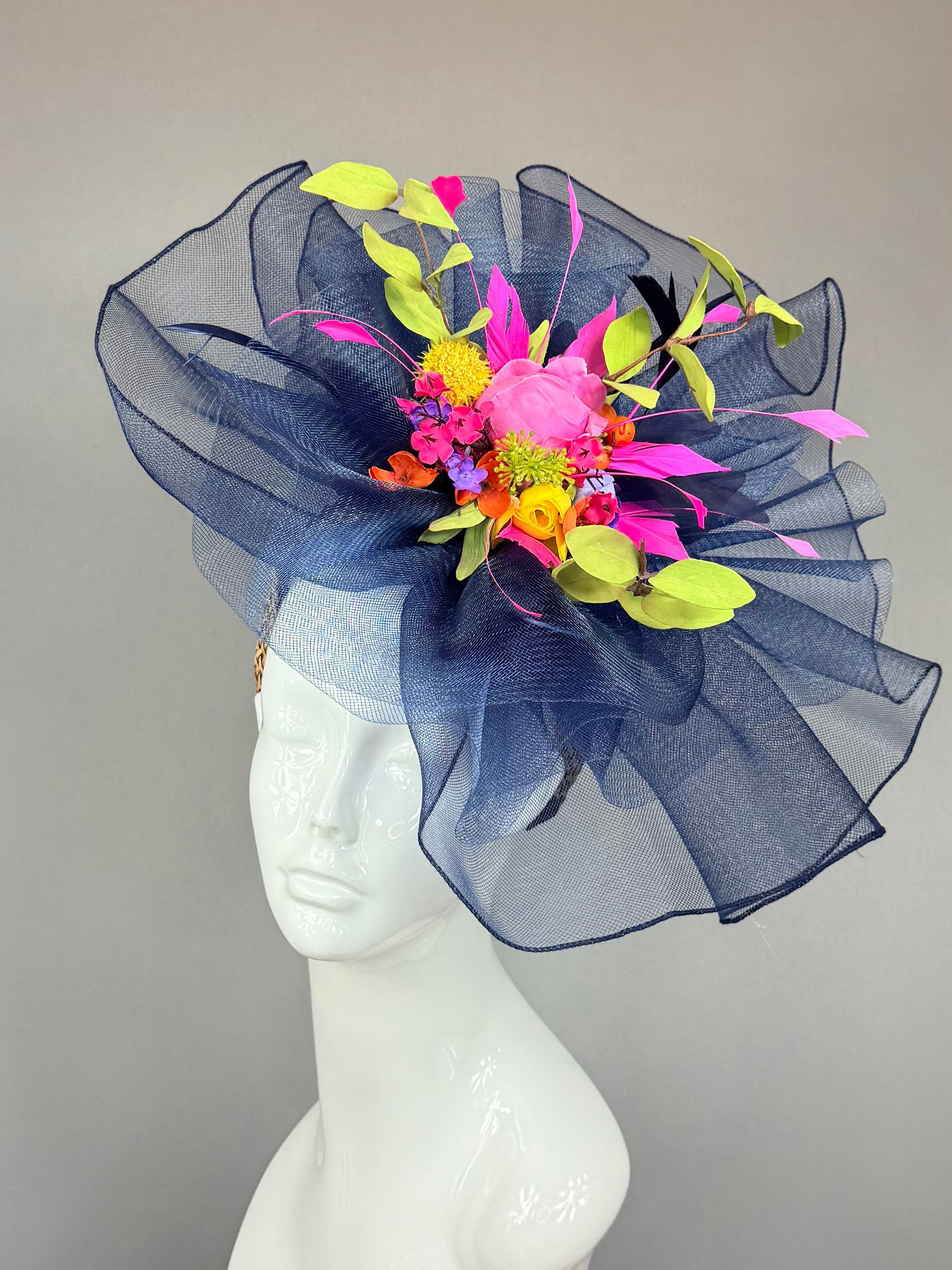Kentucky Derby Fascinator Hat | Navy blue and colorful bouquet Headband Hat | Derbyologie