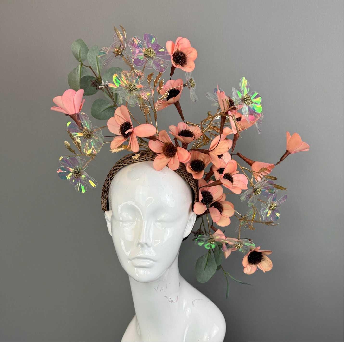 Kentucky Derby Fascinator Hat | Peachy Pink & Green Flower Headpiece | Derbyologie